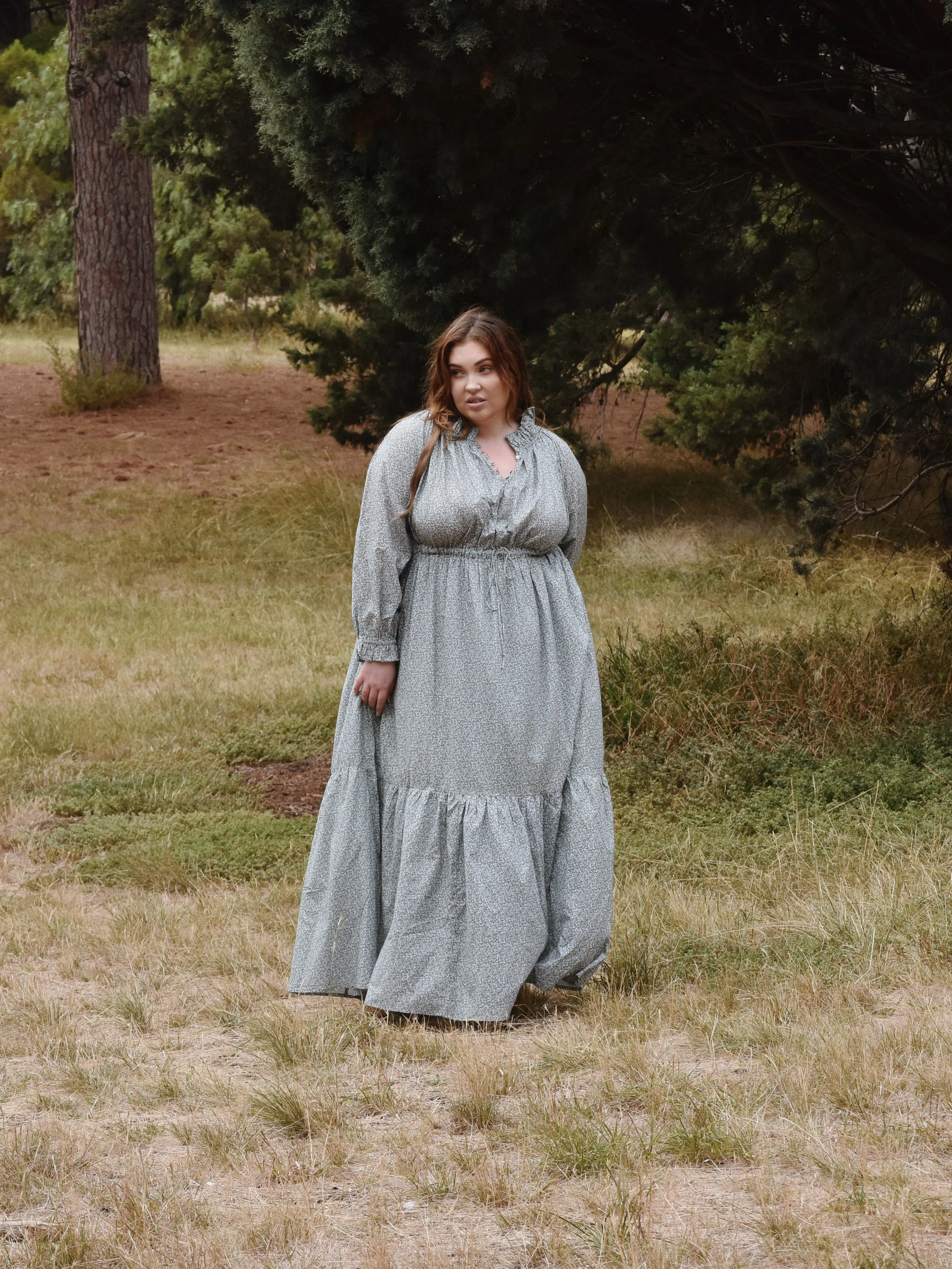 100% RECYCLED COTTON - PRAIRIE MAXI DRESS SAGE GREEN FLORAL