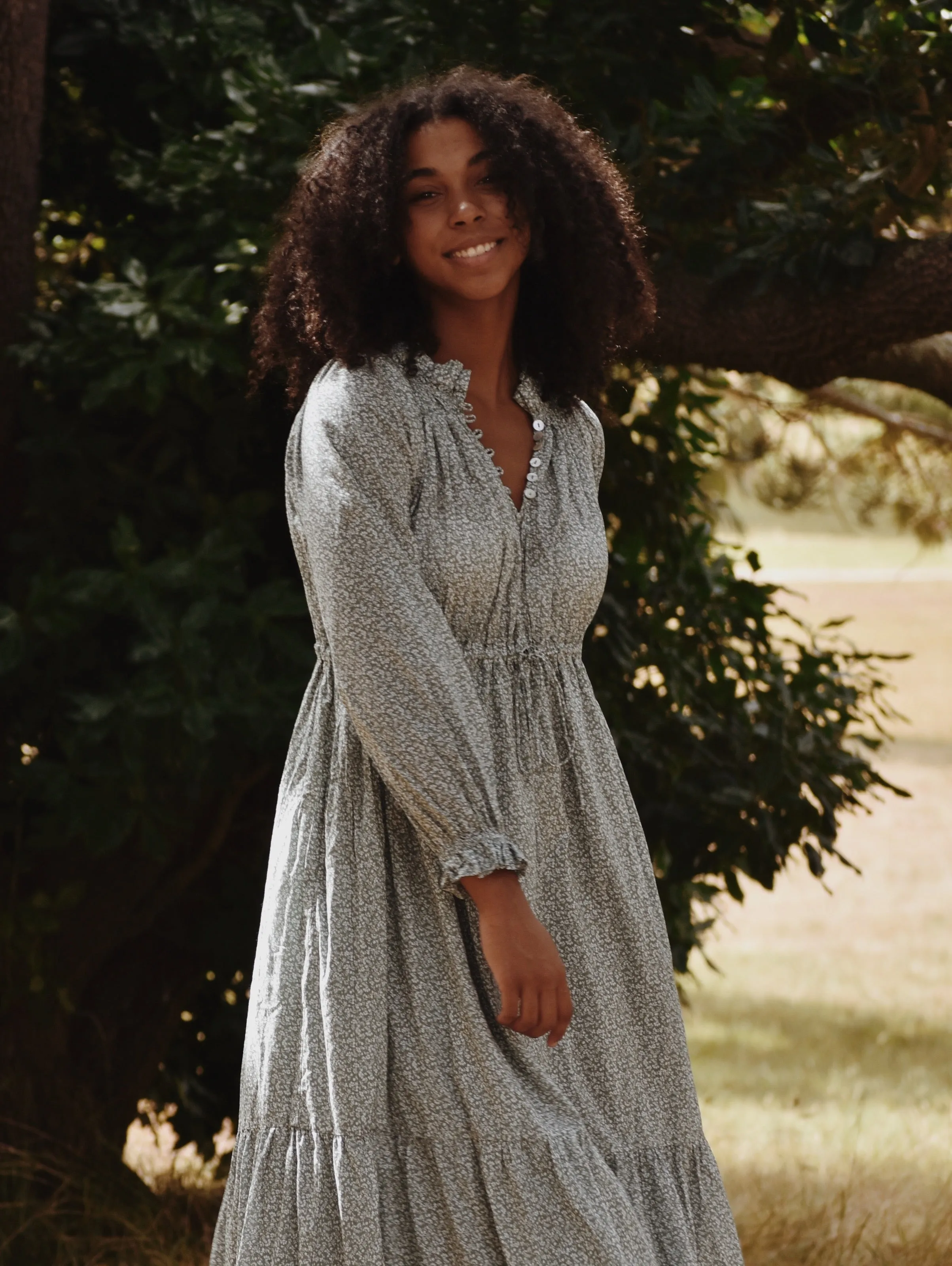 100% RECYCLED COTTON - PRAIRIE MAXI DRESS SAGE GREEN FLORAL