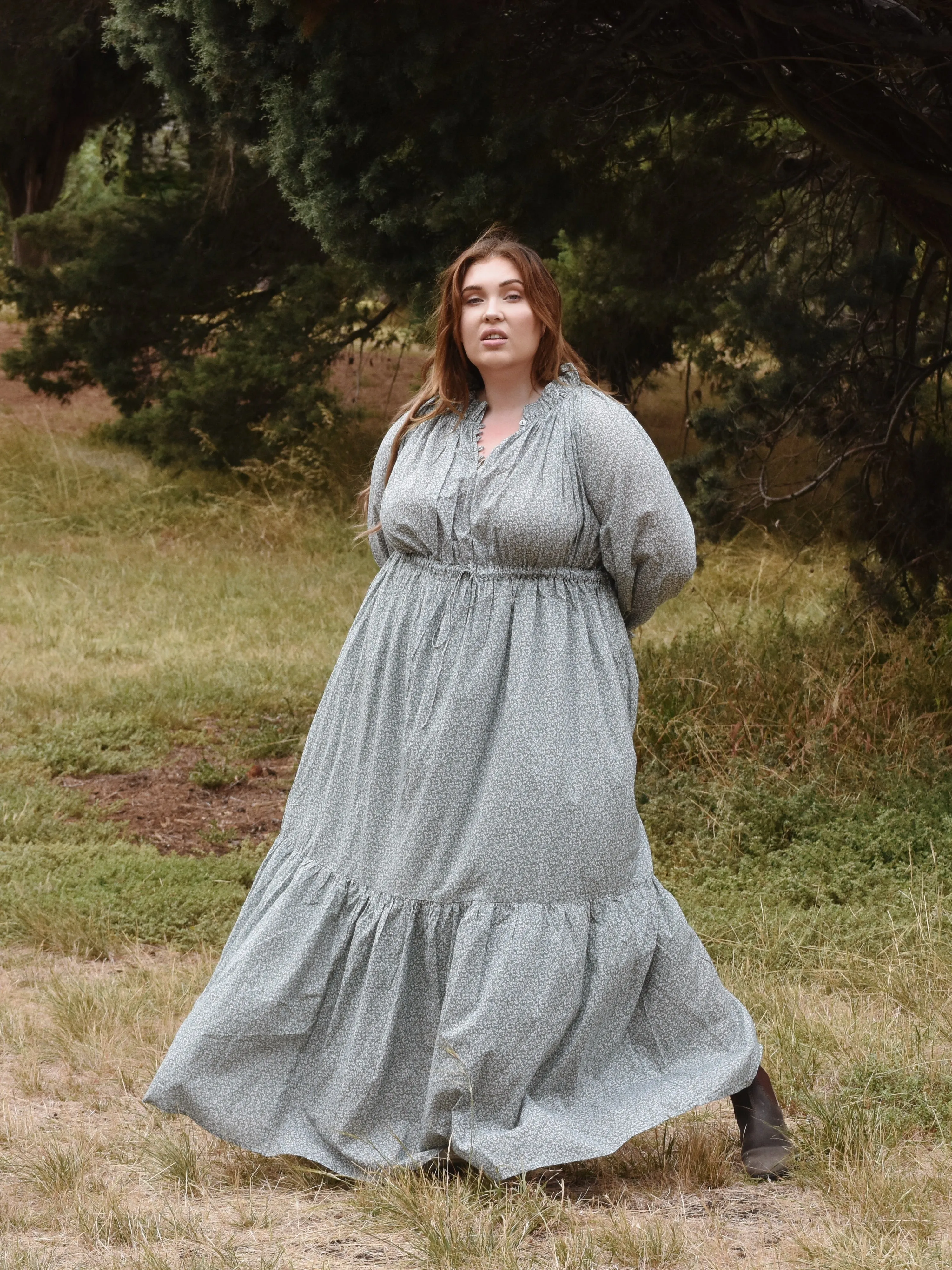 100% RECYCLED COTTON - PRAIRIE MAXI DRESS SAGE GREEN FLORAL