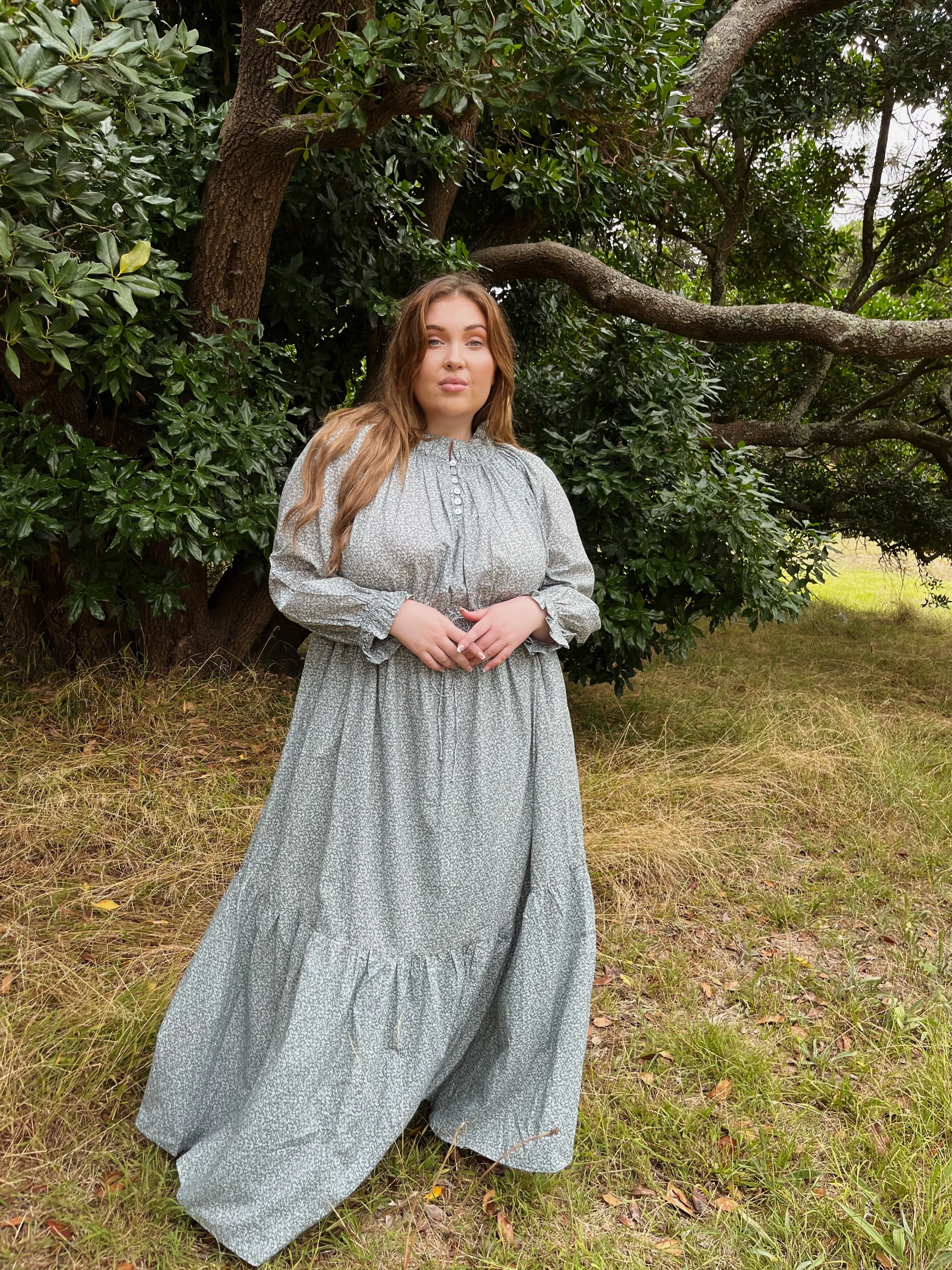 100% RECYCLED COTTON - PRAIRIE MAXI DRESS SAGE GREEN FLORAL