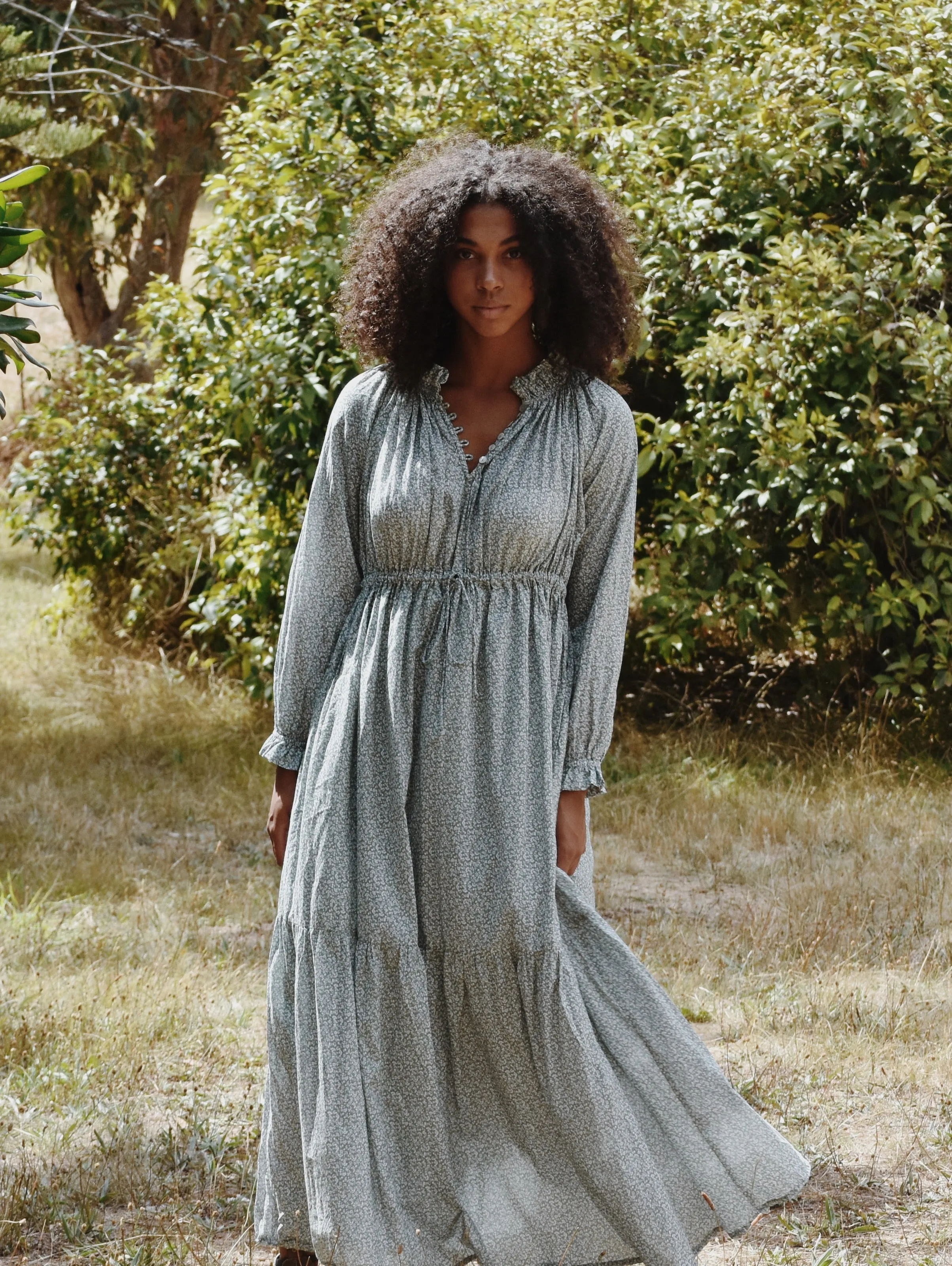 100% RECYCLED COTTON - PRAIRIE MAXI DRESS SAGE GREEN FLORAL