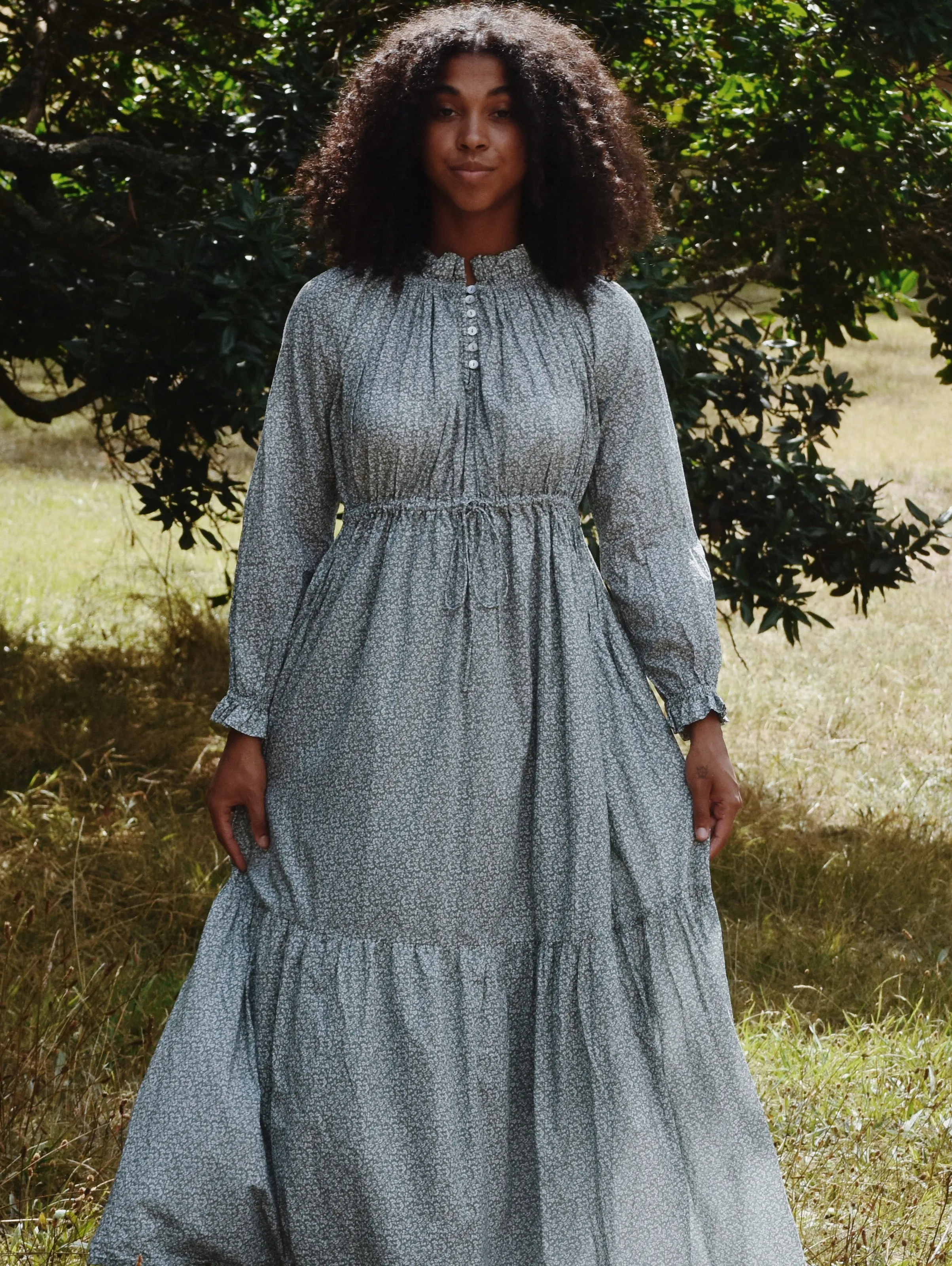 100% RECYCLED COTTON - PRAIRIE MAXI DRESS SAGE GREEN FLORAL