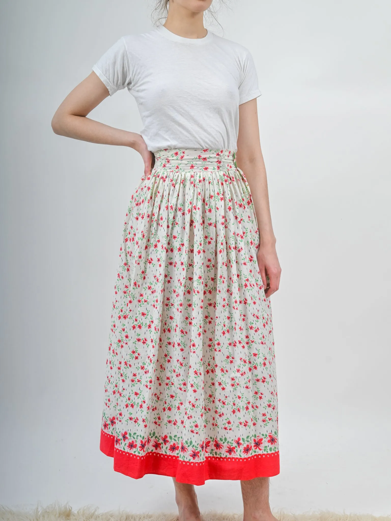 1930s Cotton Red and White Floral Maxi Skirt