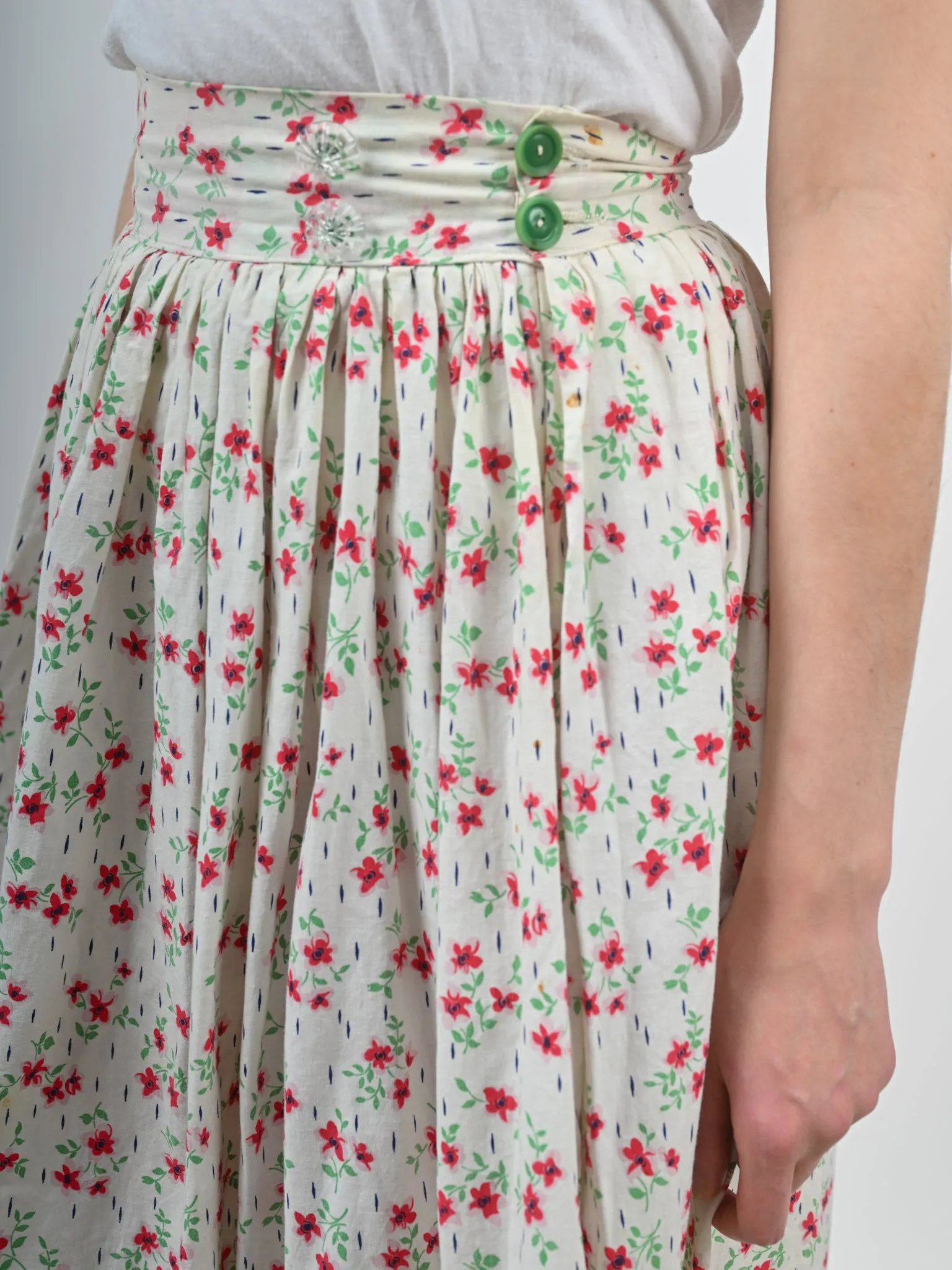 1930s Cotton Red and White Floral Maxi Skirt