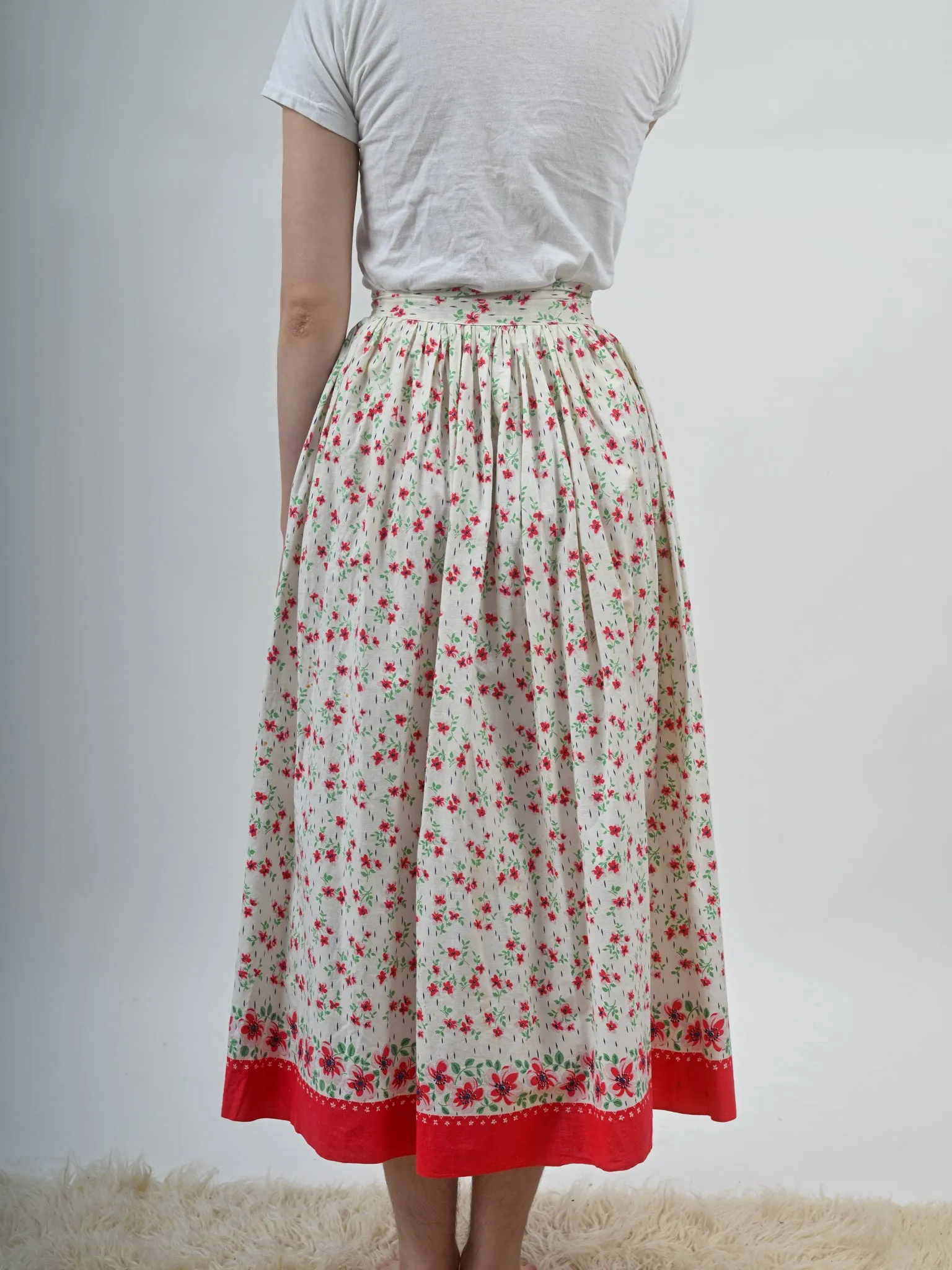 1930s Cotton Red and White Floral Maxi Skirt