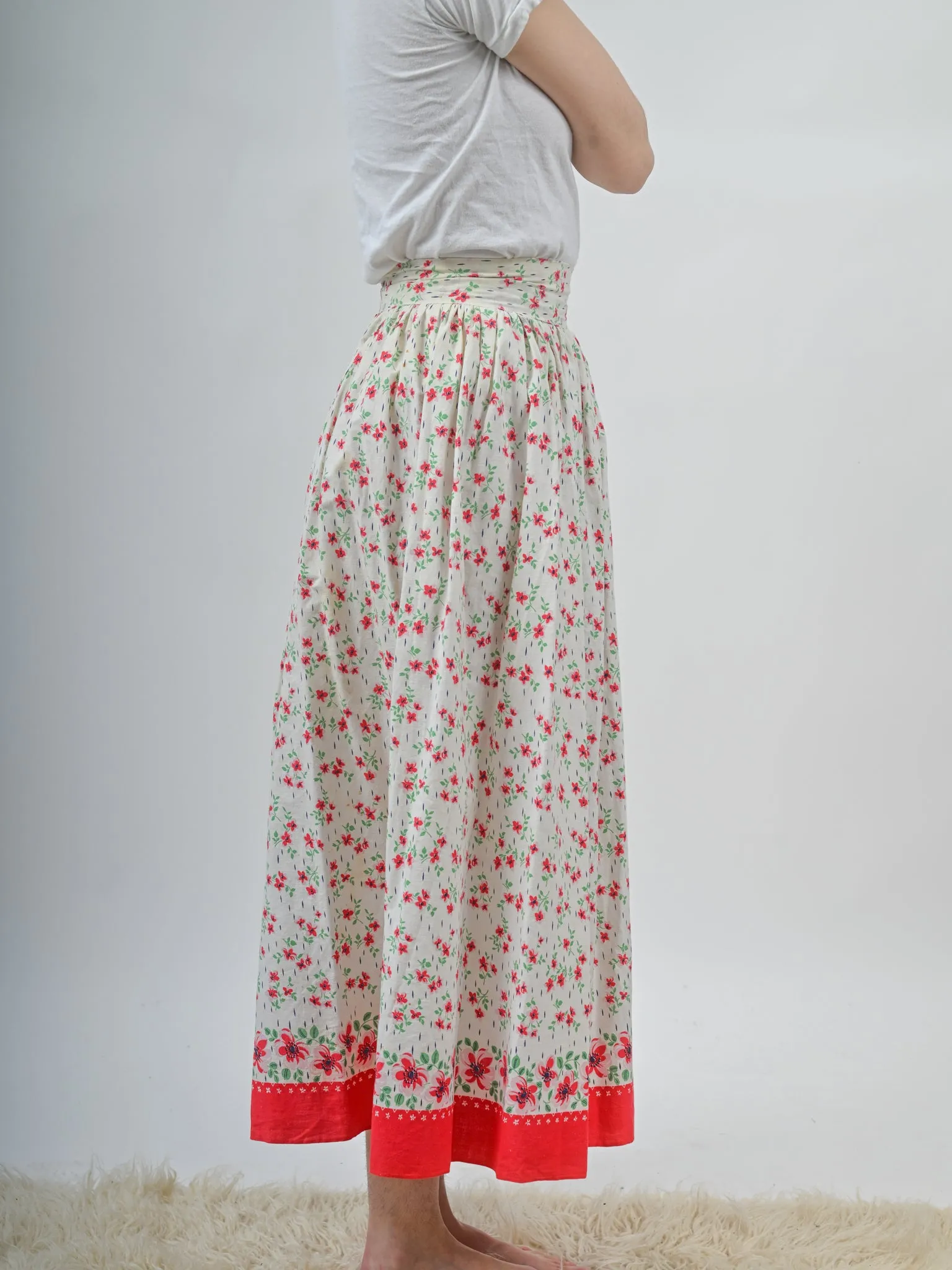 1930s Cotton Red and White Floral Maxi Skirt