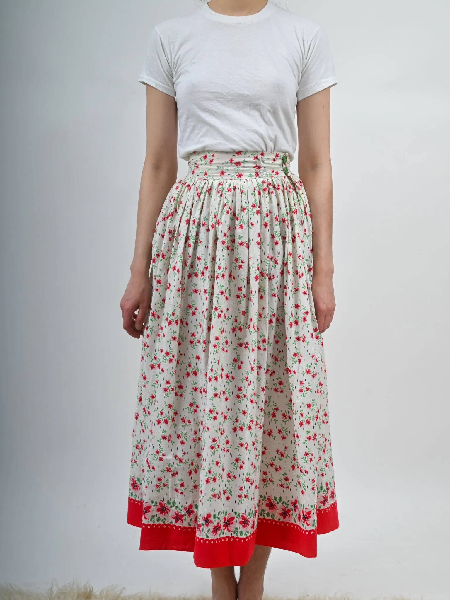 1930s Cotton Red and White Floral Maxi Skirt