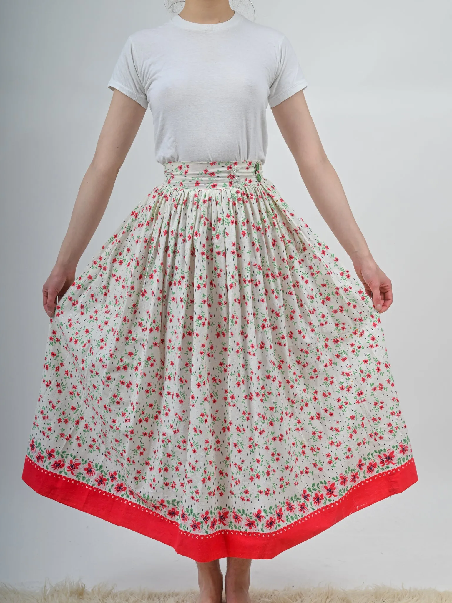 1930s Cotton Red and White Floral Maxi Skirt