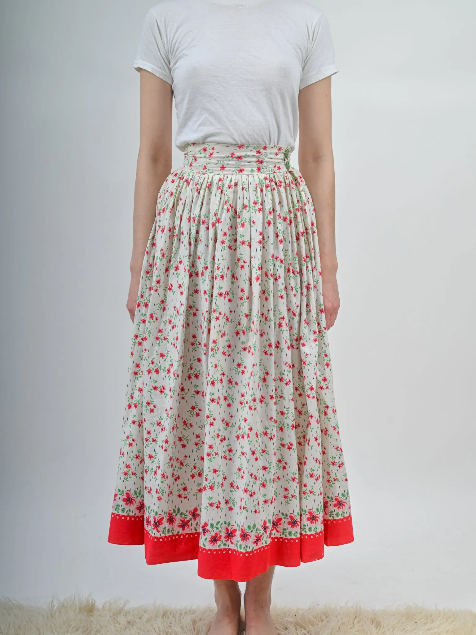 1930s Cotton Red and White Floral Maxi Skirt