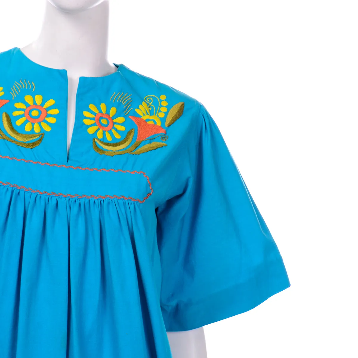 1960s Vintage Embroidered La Casa de Josefa Blue Maxi Dress