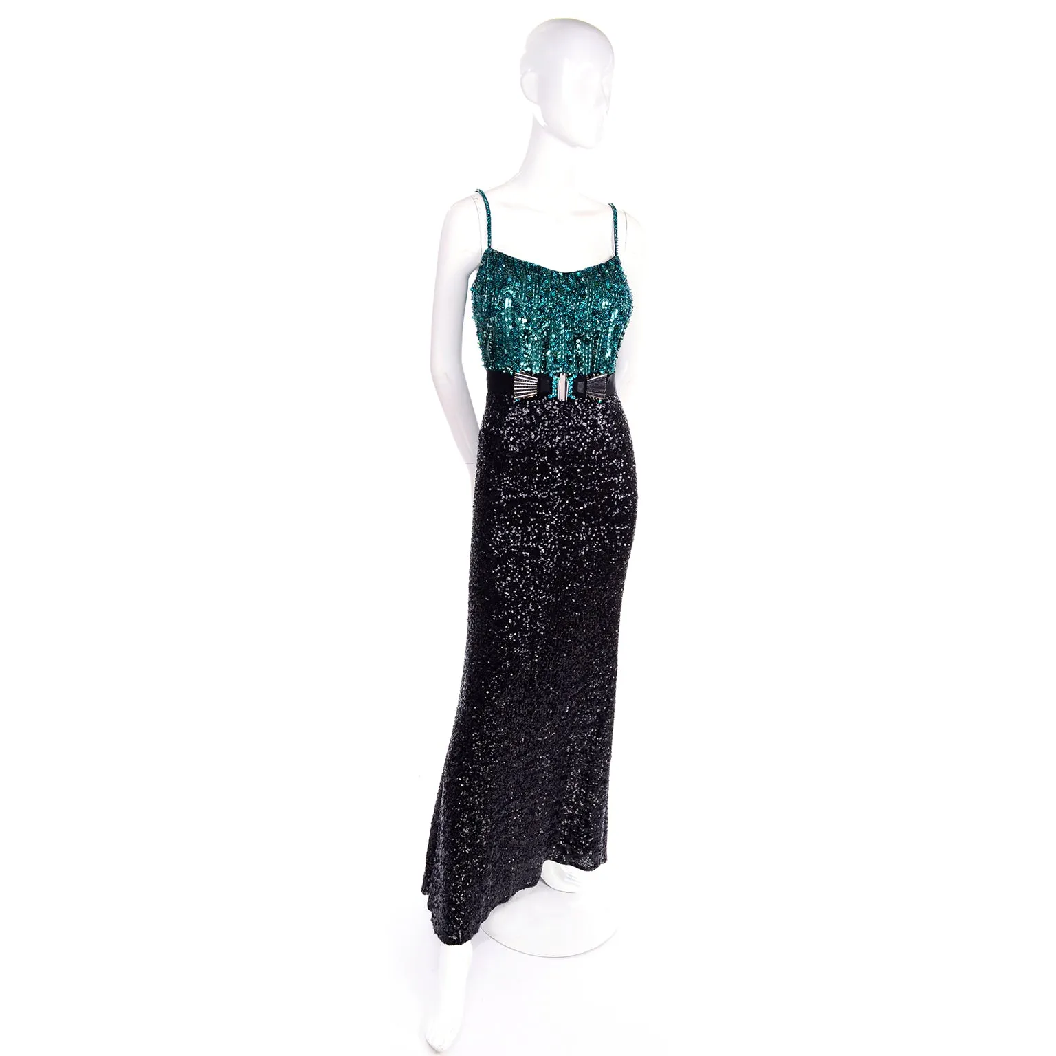 1990s Badgley Mischka Black Evening Dress W Green Beads & Sequins