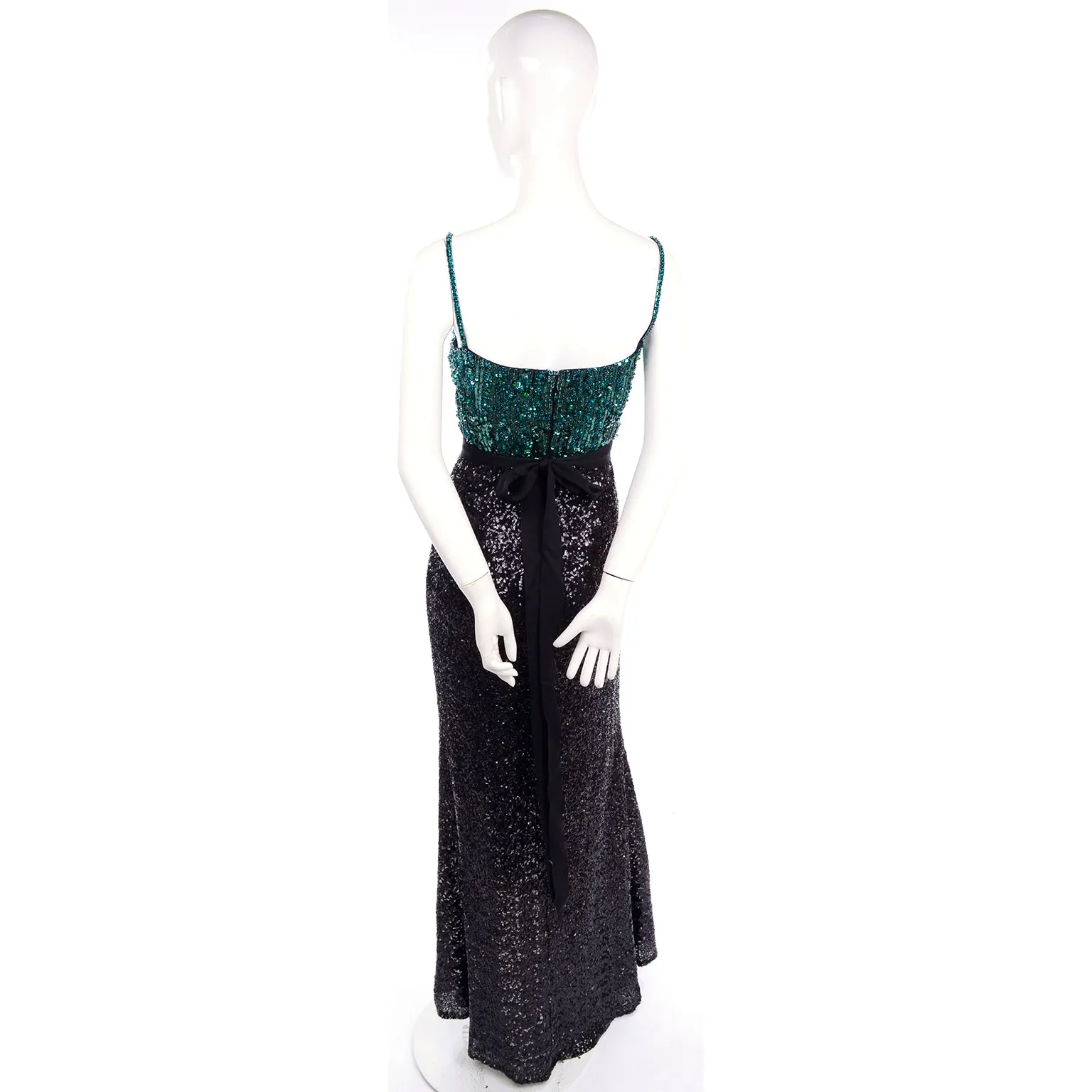 1990s Badgley Mischka Black Evening Dress W Green Beads & Sequins