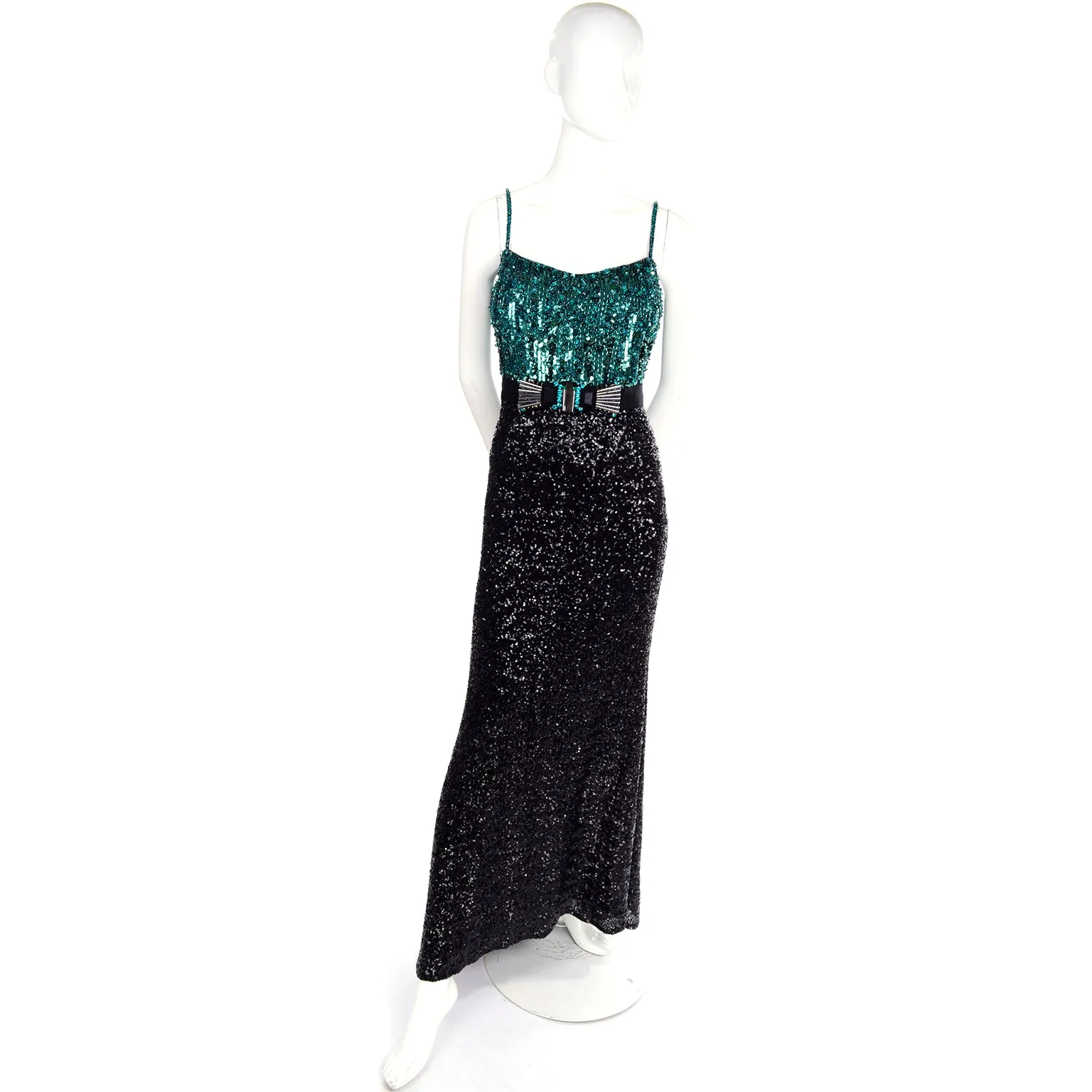 1990s Badgley Mischka Black Evening Dress W Green Beads & Sequins