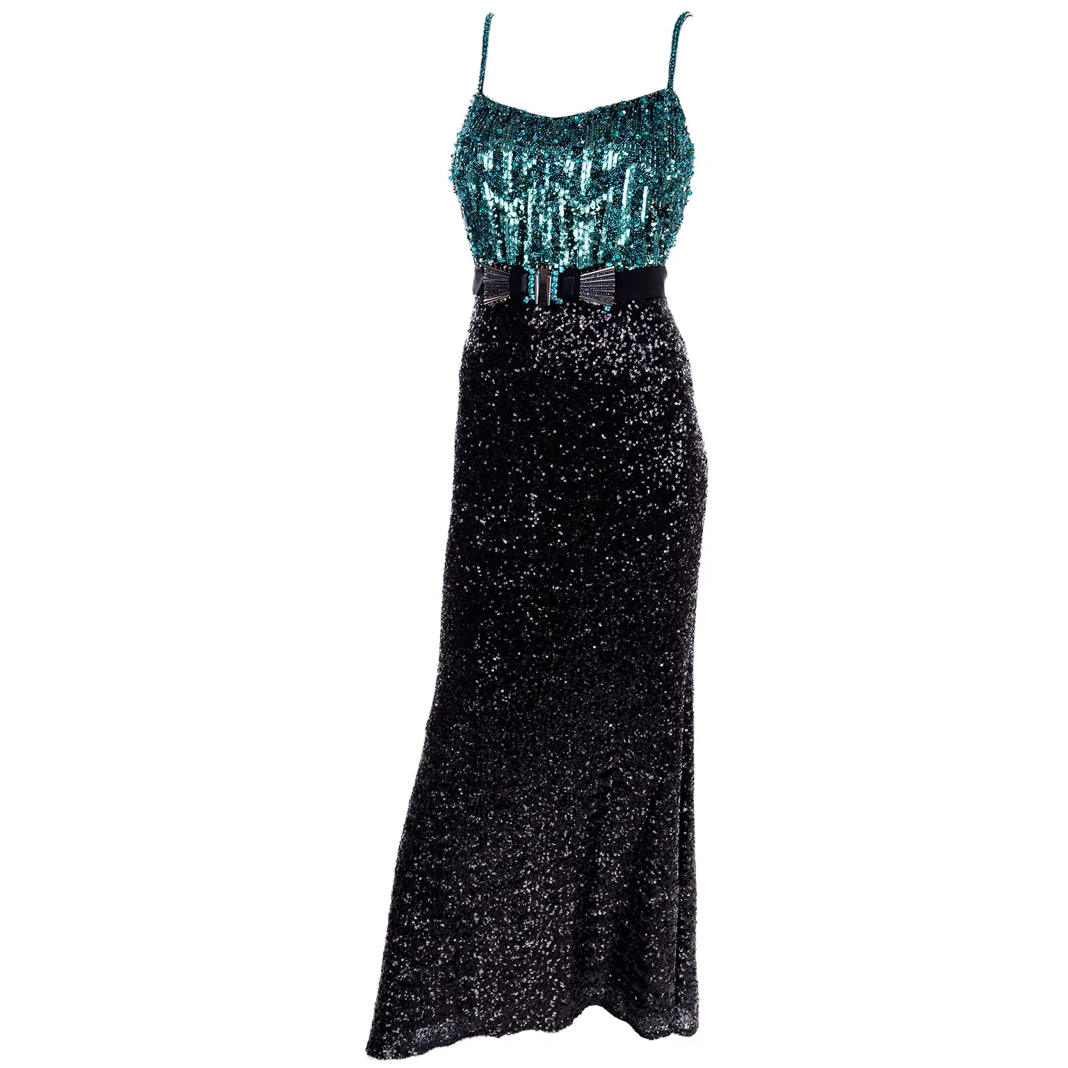 1990s Badgley Mischka Black Evening Dress W Green Beads & Sequins