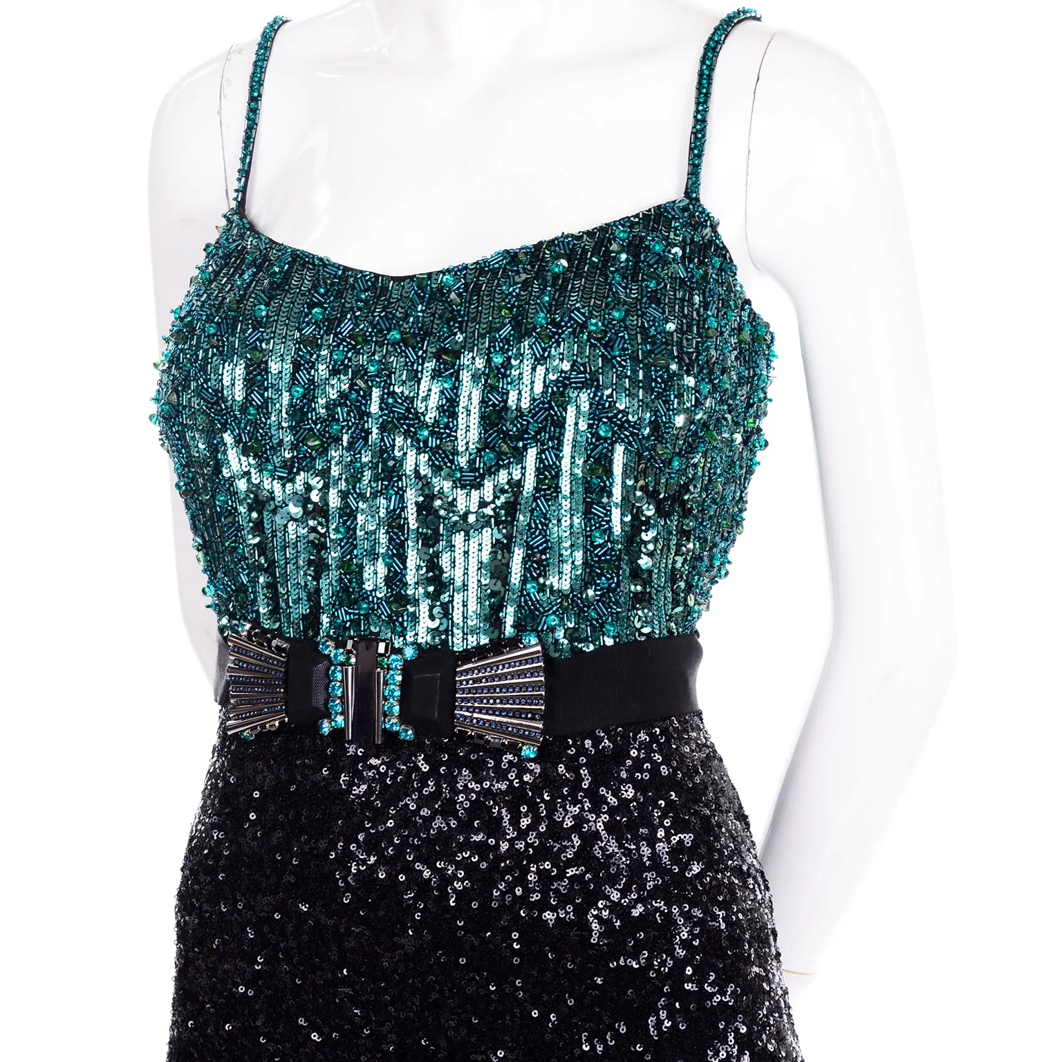 1990s Badgley Mischka Black Evening Dress W Green Beads & Sequins