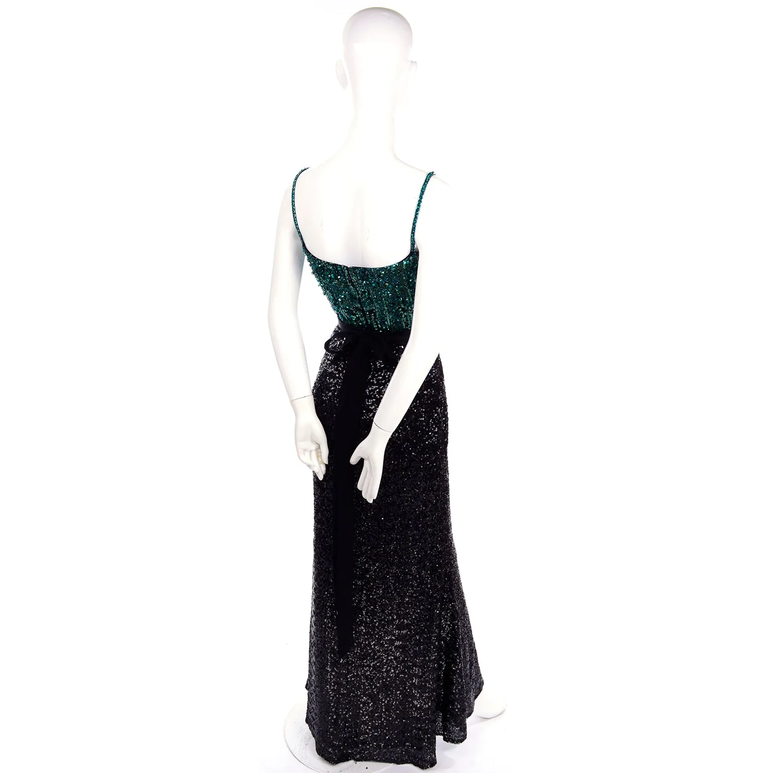 1990s Badgley Mischka Black Evening Dress W Green Beads & Sequins