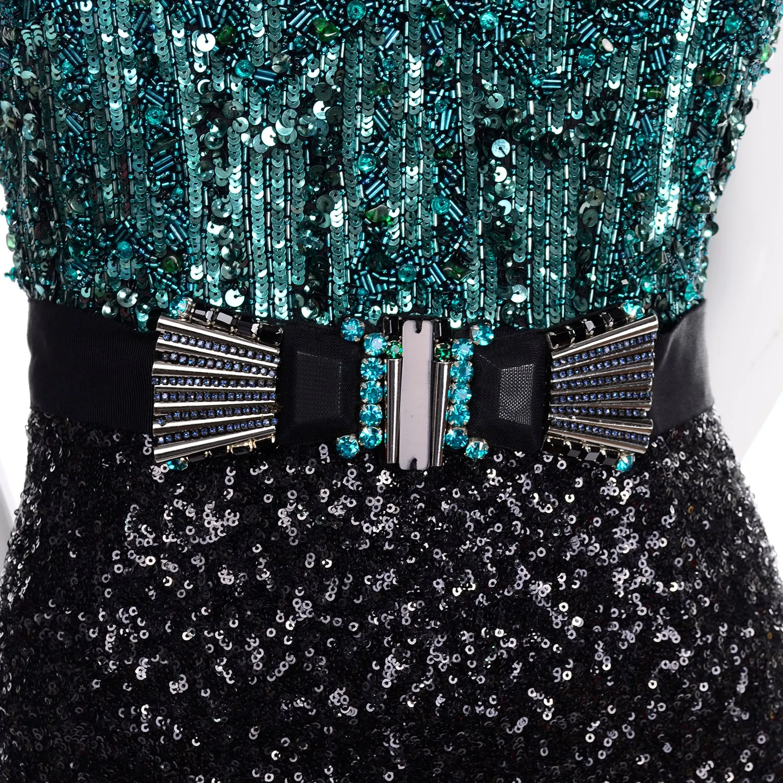 1990s Badgley Mischka Black Evening Dress W Green Beads & Sequins