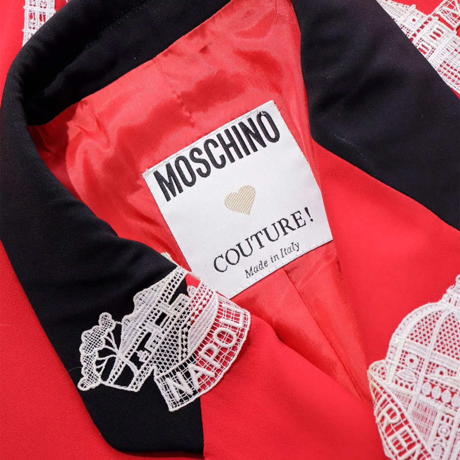 1991 Moschino Red & Green Made in Italy Lace Applique Jacket