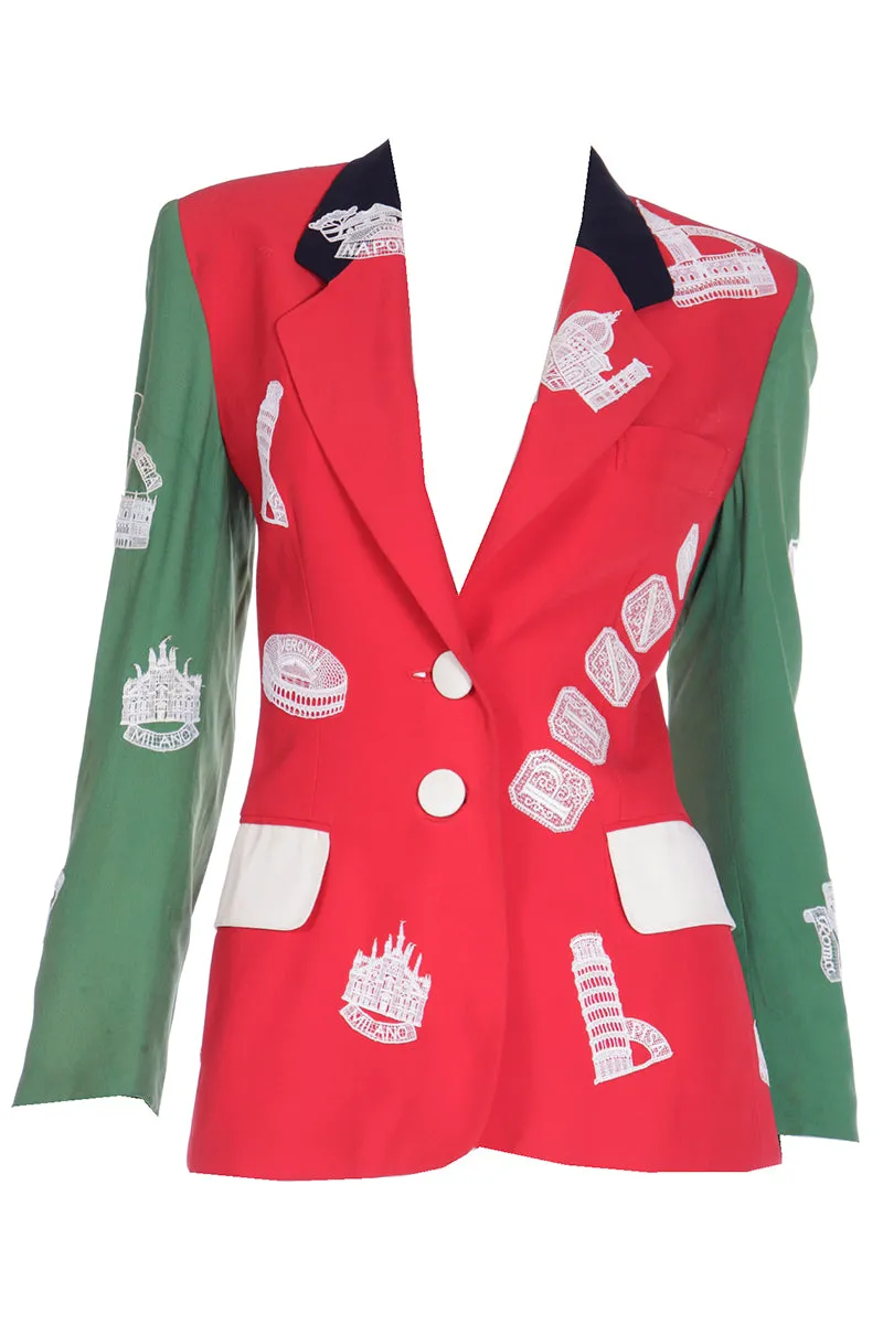 1991 Moschino Red & Green Made in Italy Lace Applique Jacket