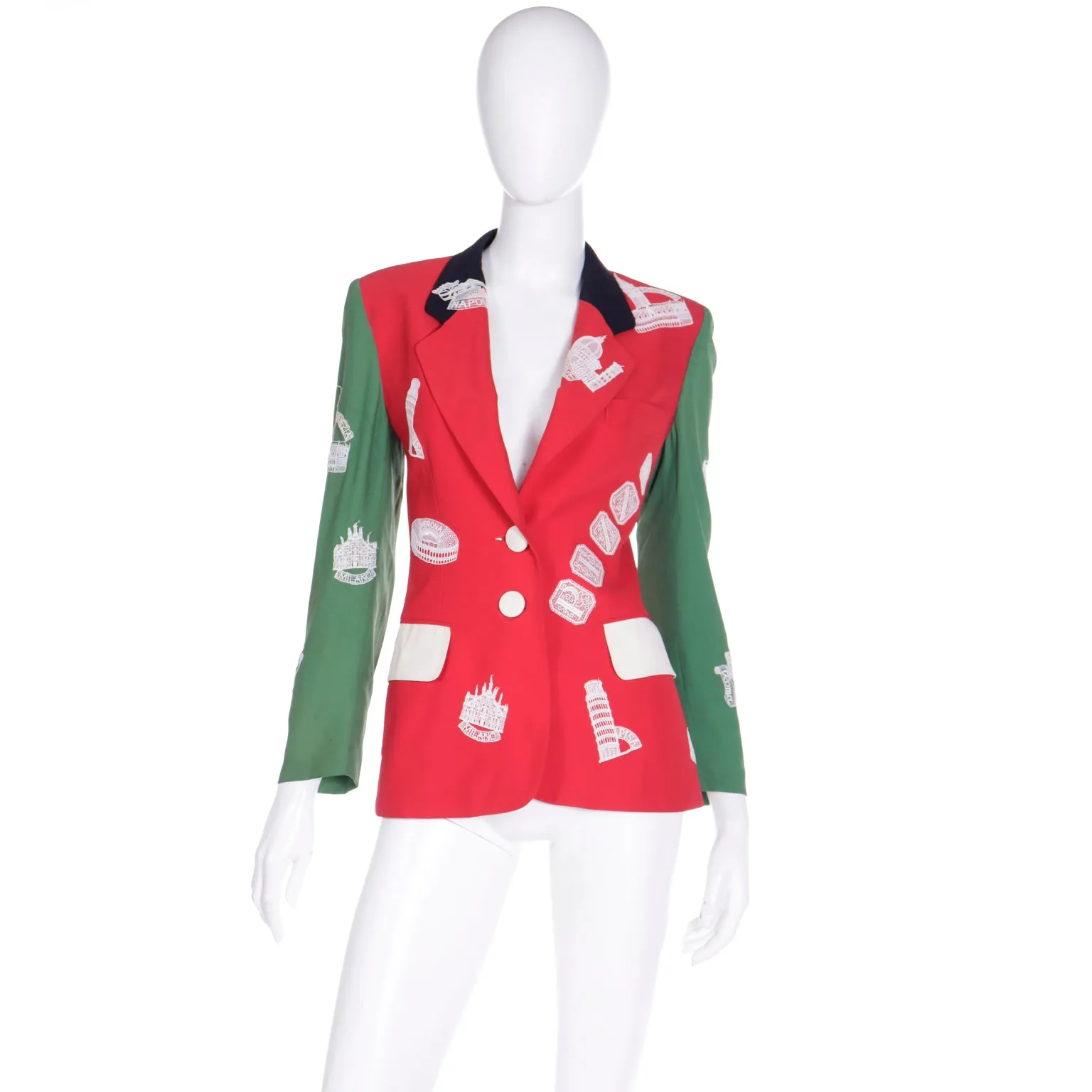 1991 Moschino Red & Green Made in Italy Lace Applique Jacket