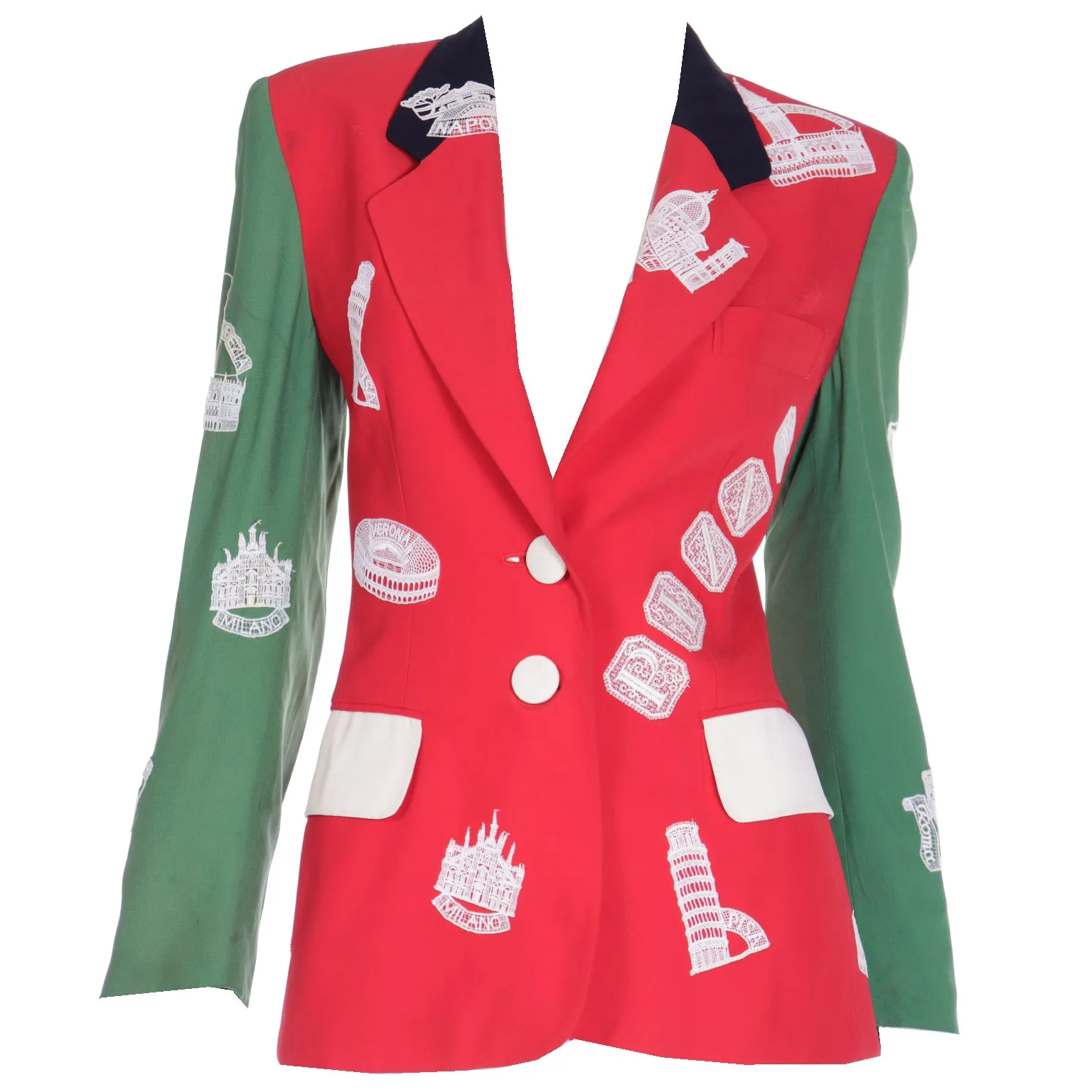 1991 Moschino Red & Green Made in Italy Lace Applique Jacket