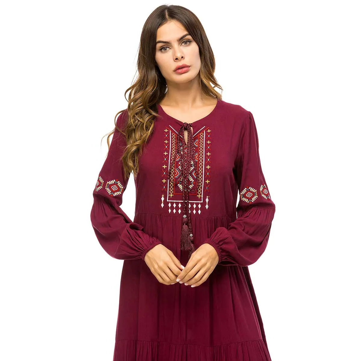 2019 Retro Ethnic Embroidery Maxi Dress Oversized Women Muslim Abaya Arabic Dubai Islamic UAE Pleated Robe Plus Size VKDR1447