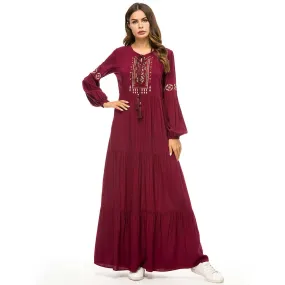 2019 Retro Ethnic Embroidery Maxi Dress Oversized Women Muslim Abaya Arabic Dubai Islamic UAE Pleated Robe Plus Size VKDR1447