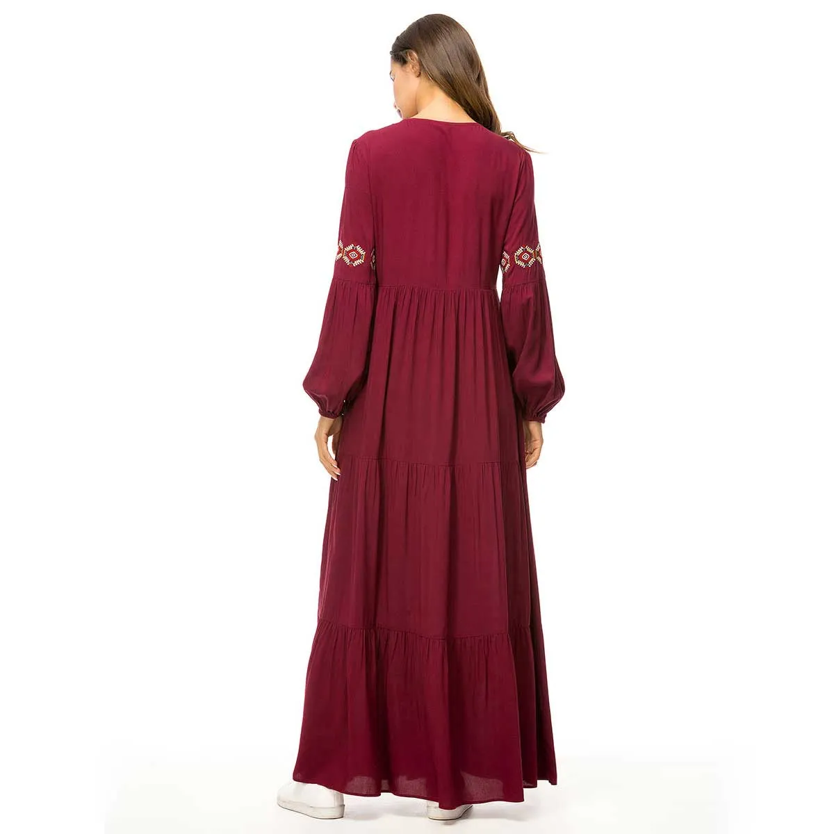 2019 Retro Ethnic Embroidery Maxi Dress Oversized Women Muslim Abaya Arabic Dubai Islamic UAE Pleated Robe Plus Size VKDR1447