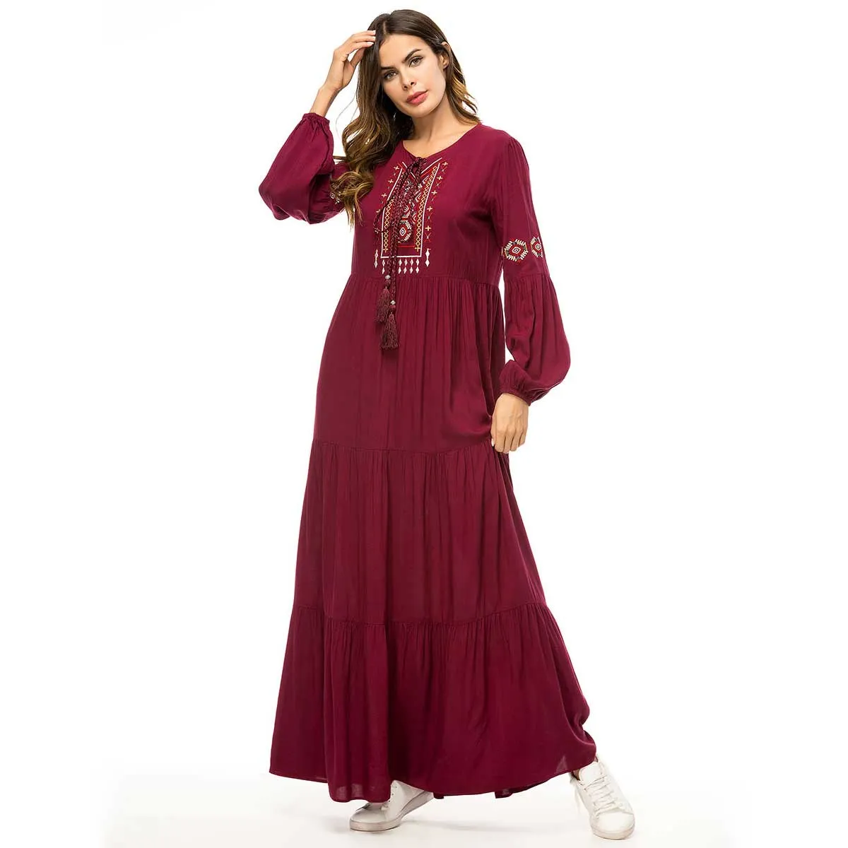 2019 Retro Ethnic Embroidery Maxi Dress Oversized Women Muslim Abaya Arabic Dubai Islamic UAE Pleated Robe Plus Size VKDR1447