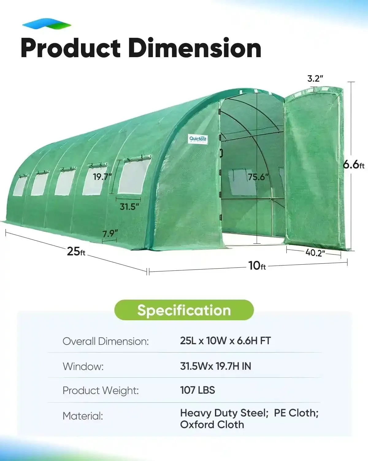 25' x 10' x 6.6' Upgraded Large Walk-in Greenhouse