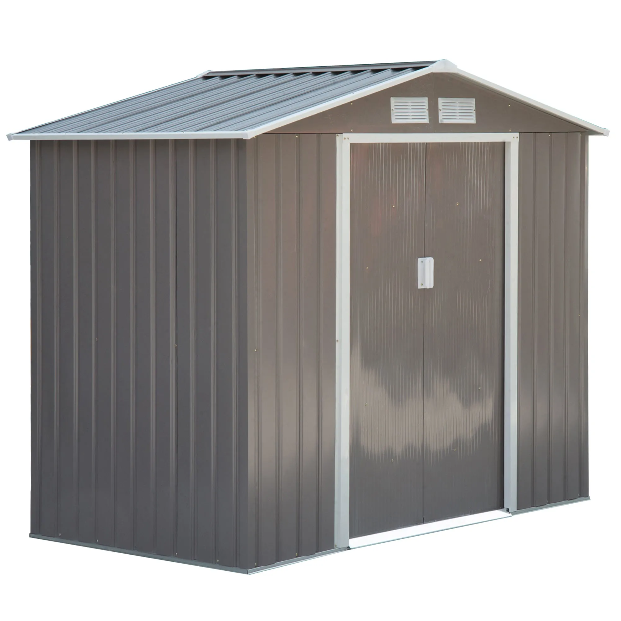 7ft x 4ft Lockable Garden Metal Storage Shed Storage Roofed Tool Metal Shed w/ Air Vents Steel Grey