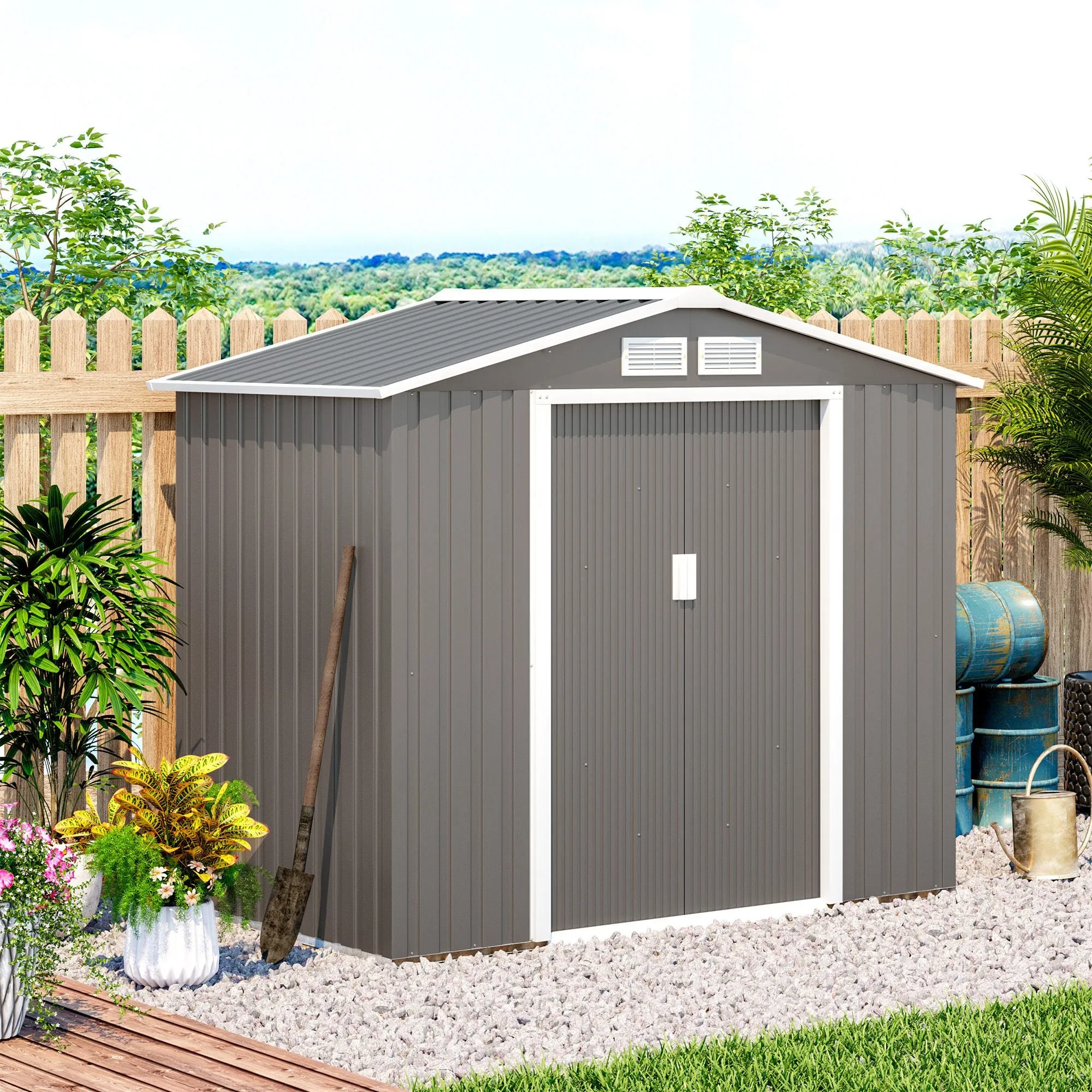 7ft x 4ft Lockable Garden Metal Storage Shed Storage Roofed Tool Metal Shed w/ Air Vents Steel Grey