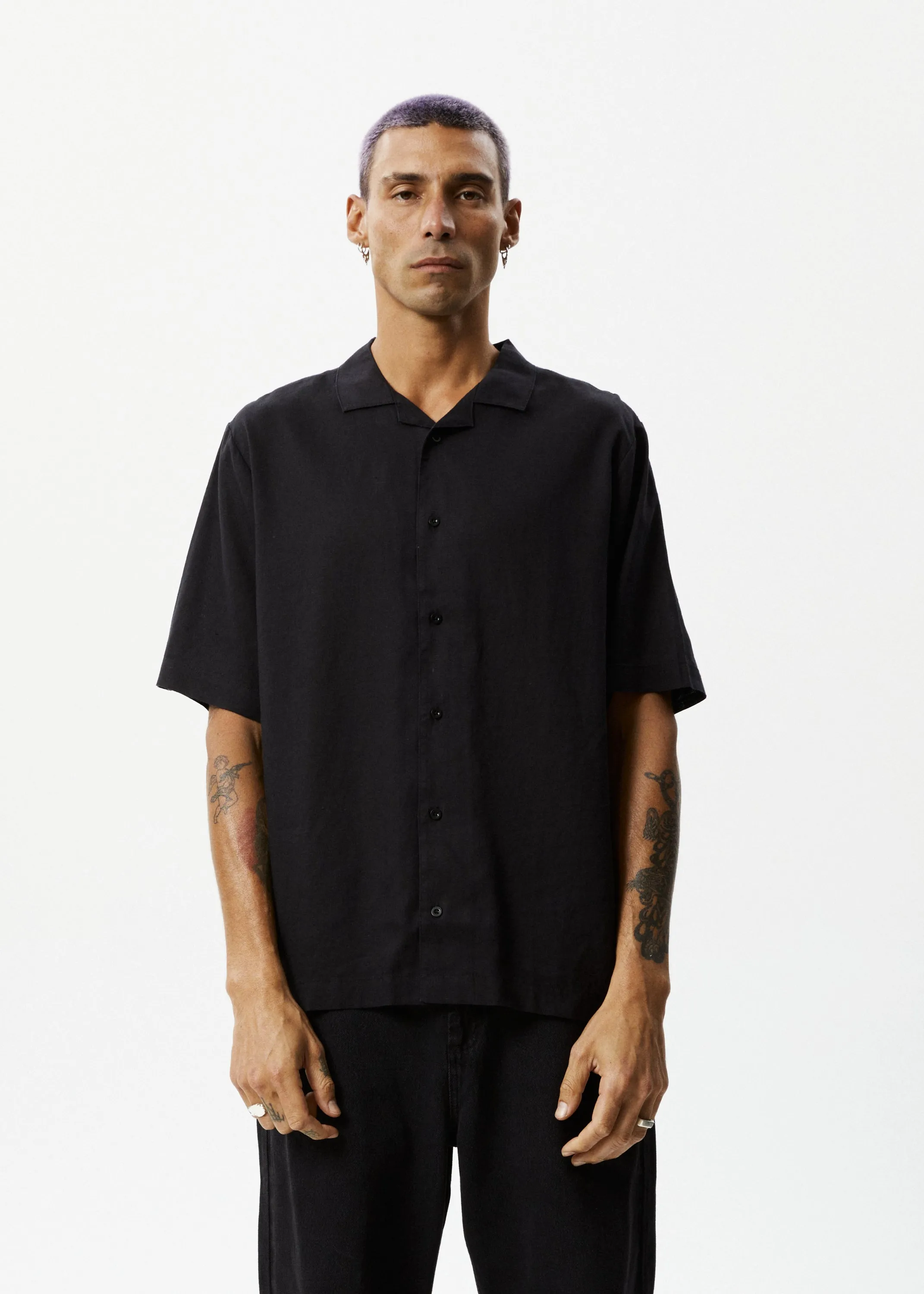 AFENDS Mens Daily - Cuban Shorts Sleeve Shirt - Black