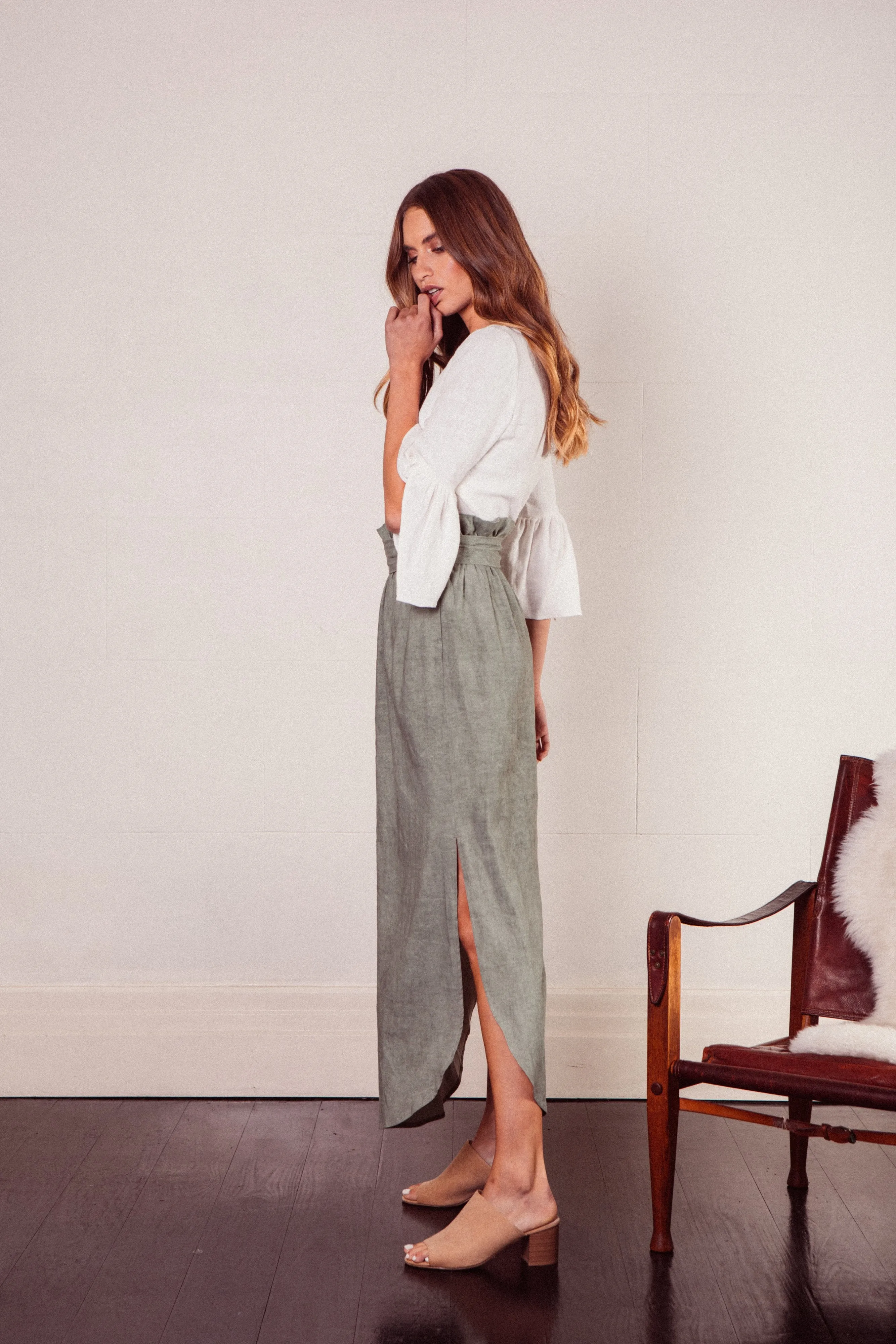 Aire Linen Maxi Skirt in Sage