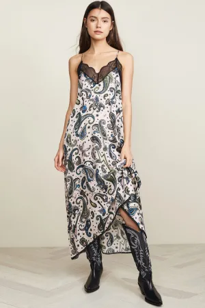 Asymmetric Paisley Lacy Spaghetti Strap French Slip Dress - Black