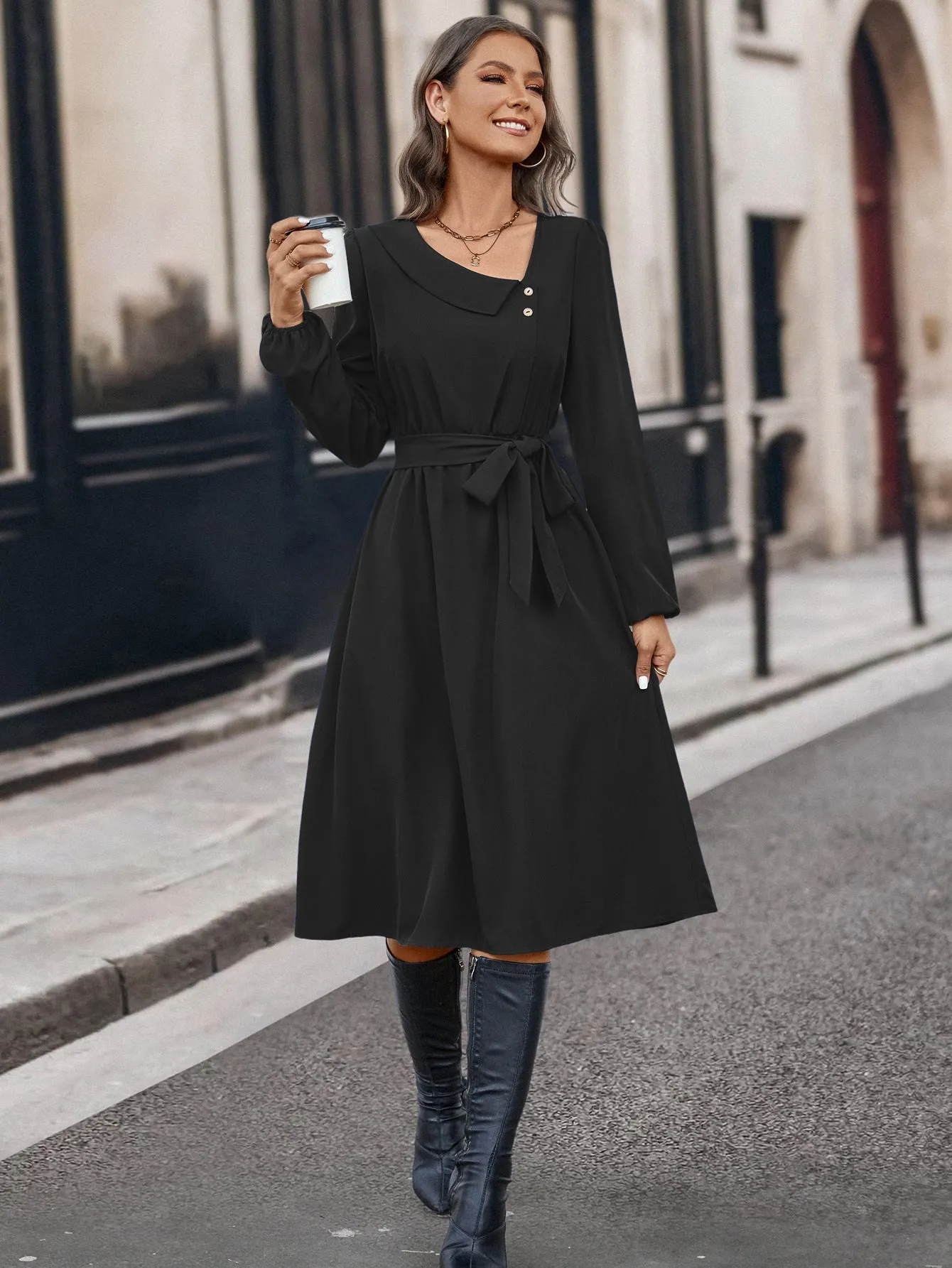 Autumn And Winter Irregular Collar Button Long Sleeve Dress