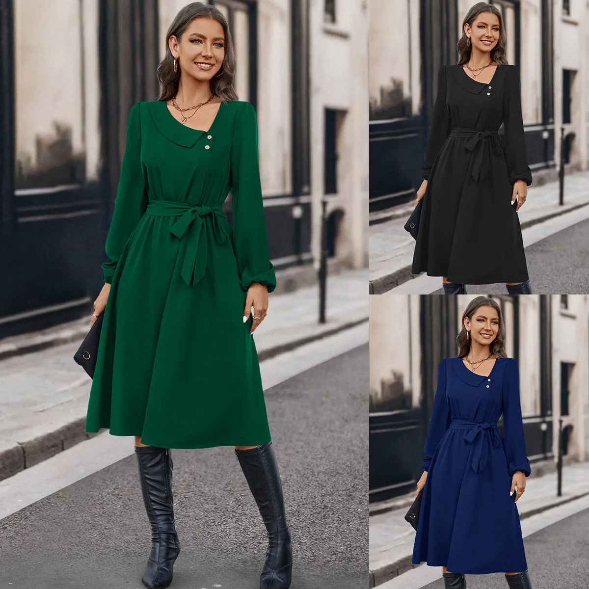 Autumn And Winter Irregular Collar Button Long Sleeve Dress