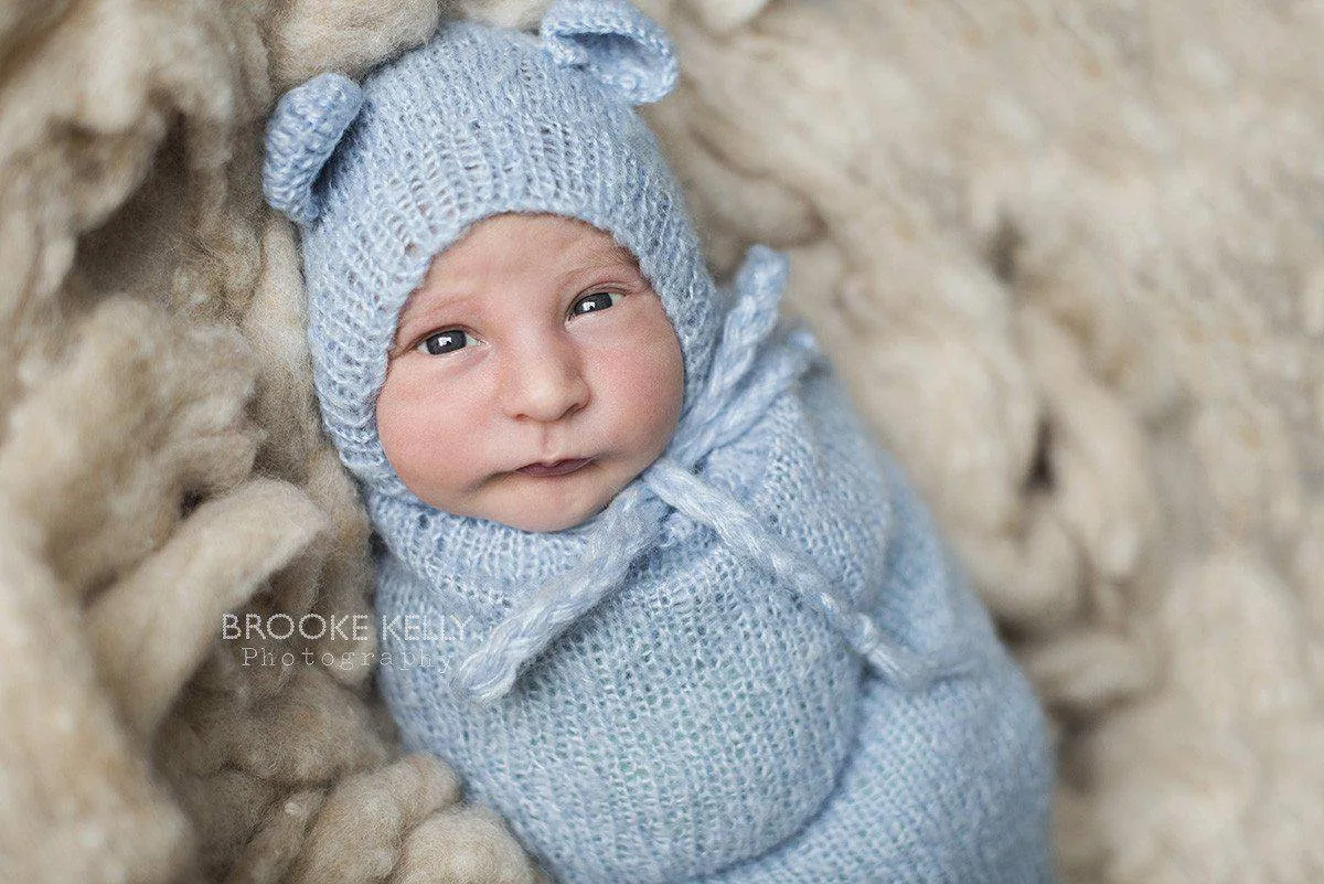 Baby Blue Teddy Bear Hat and Knit Swaddle Cocoon Sack