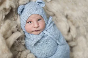 Baby Blue Teddy Bear Hat and Knit Swaddle Cocoon Sack