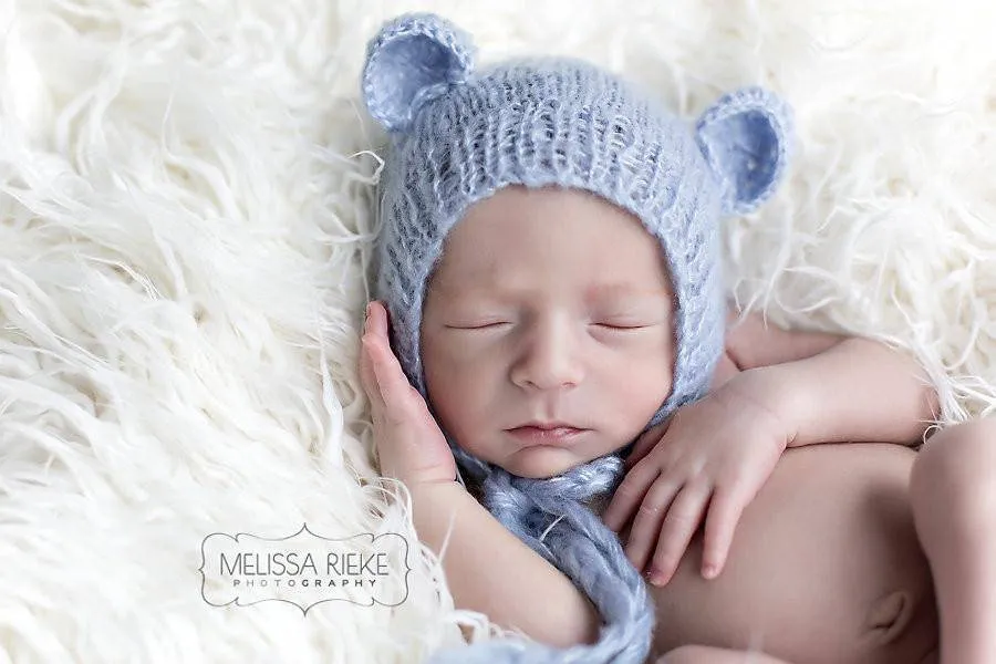 Baby Blue Teddy Bear Hat and Knit Swaddle Cocoon Sack