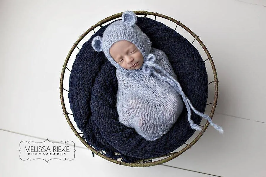 Baby Blue Teddy Bear Hat and Knit Swaddle Cocoon Sack