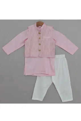 Baby Pink Kurta And White Pyjama With Chanderi Jacket Set