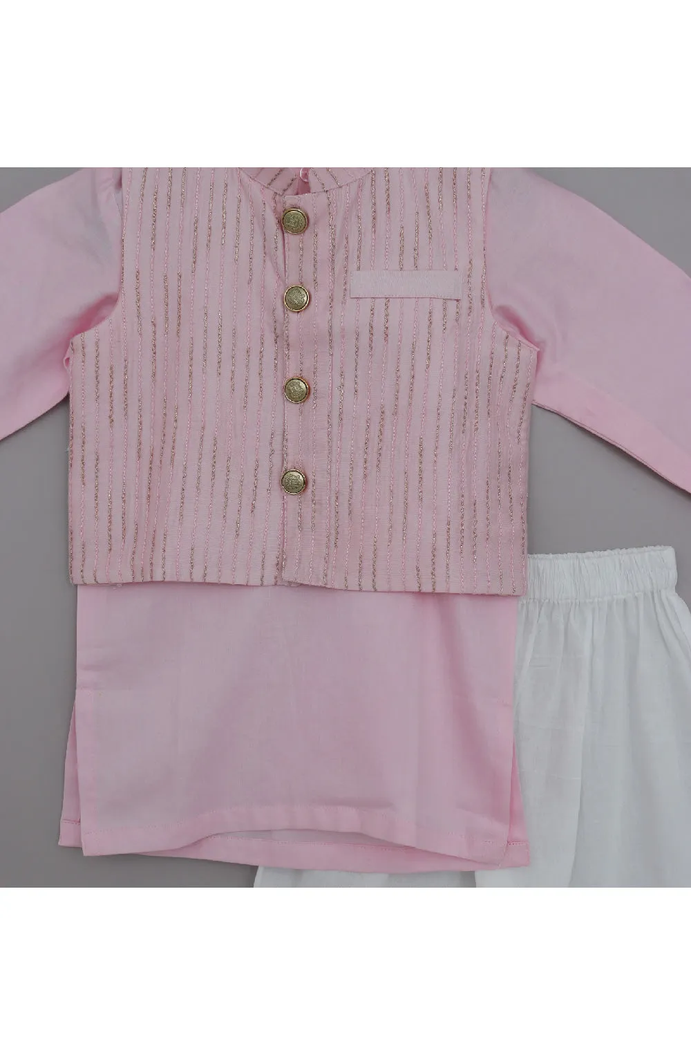 Baby Pink Kurta And White Pyjama With Chanderi Jacket Set