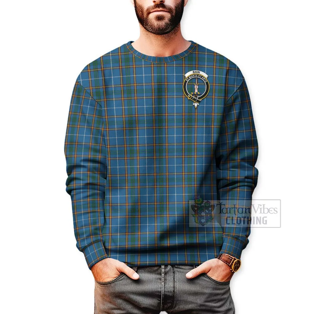 Bain Tartan Sweatshirt with Family Crest and Bearded Skull Holding Bottles of Whiskey