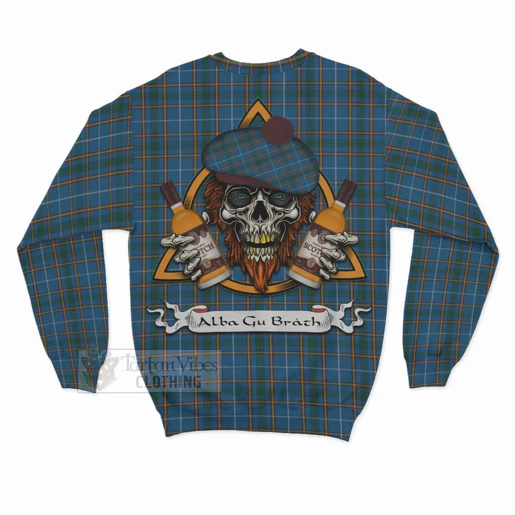 Bain Tartan Sweatshirt with Family Crest and Bearded Skull Holding Bottles of Whiskey