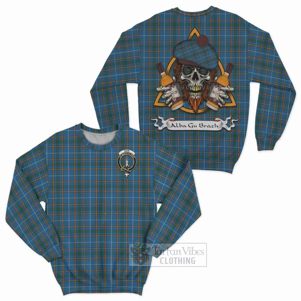 Bain Tartan Sweatshirt with Family Crest and Bearded Skull Holding Bottles of Whiskey