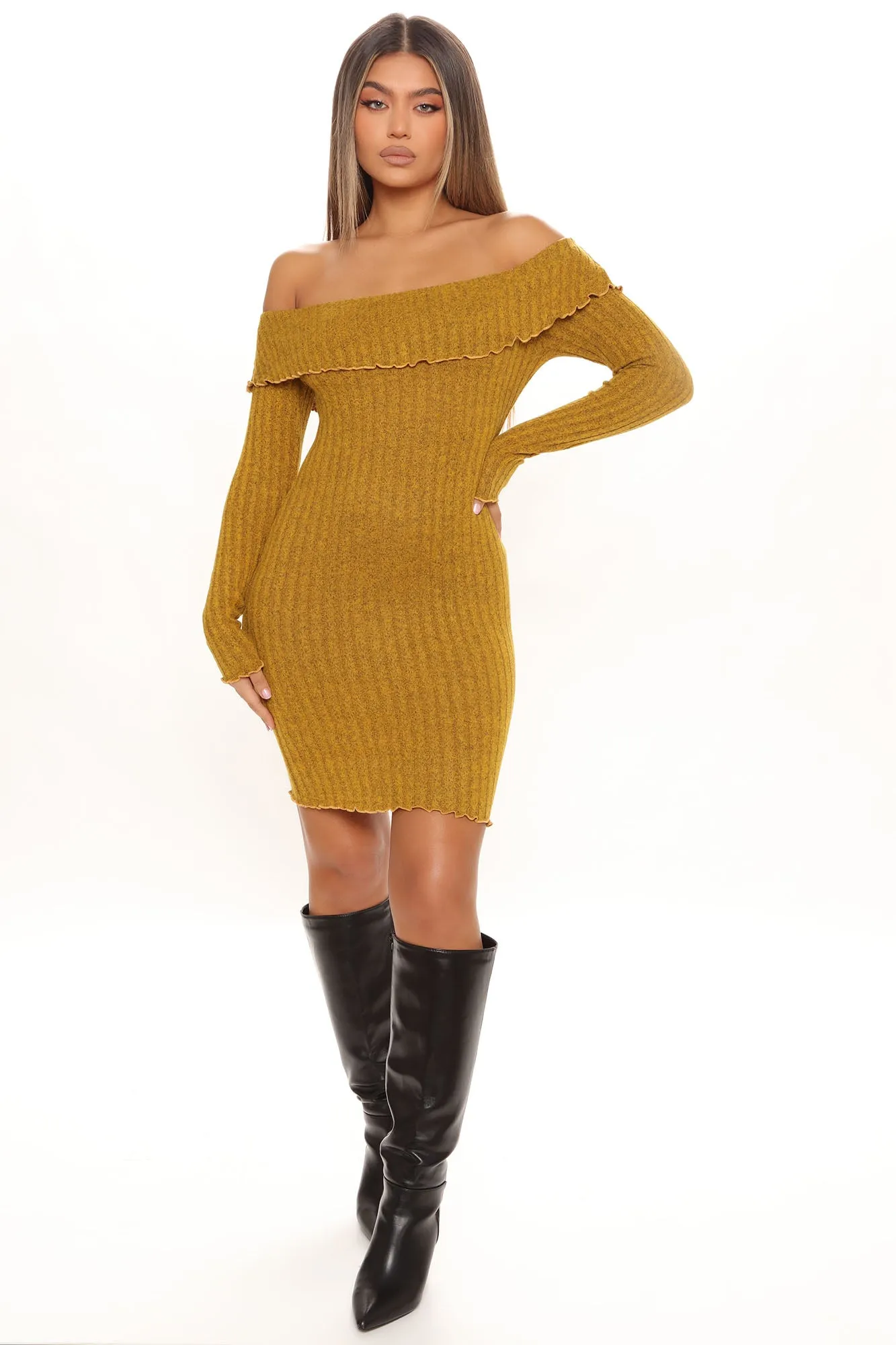 Be My Baby Off Shoulder Dress - Mustard