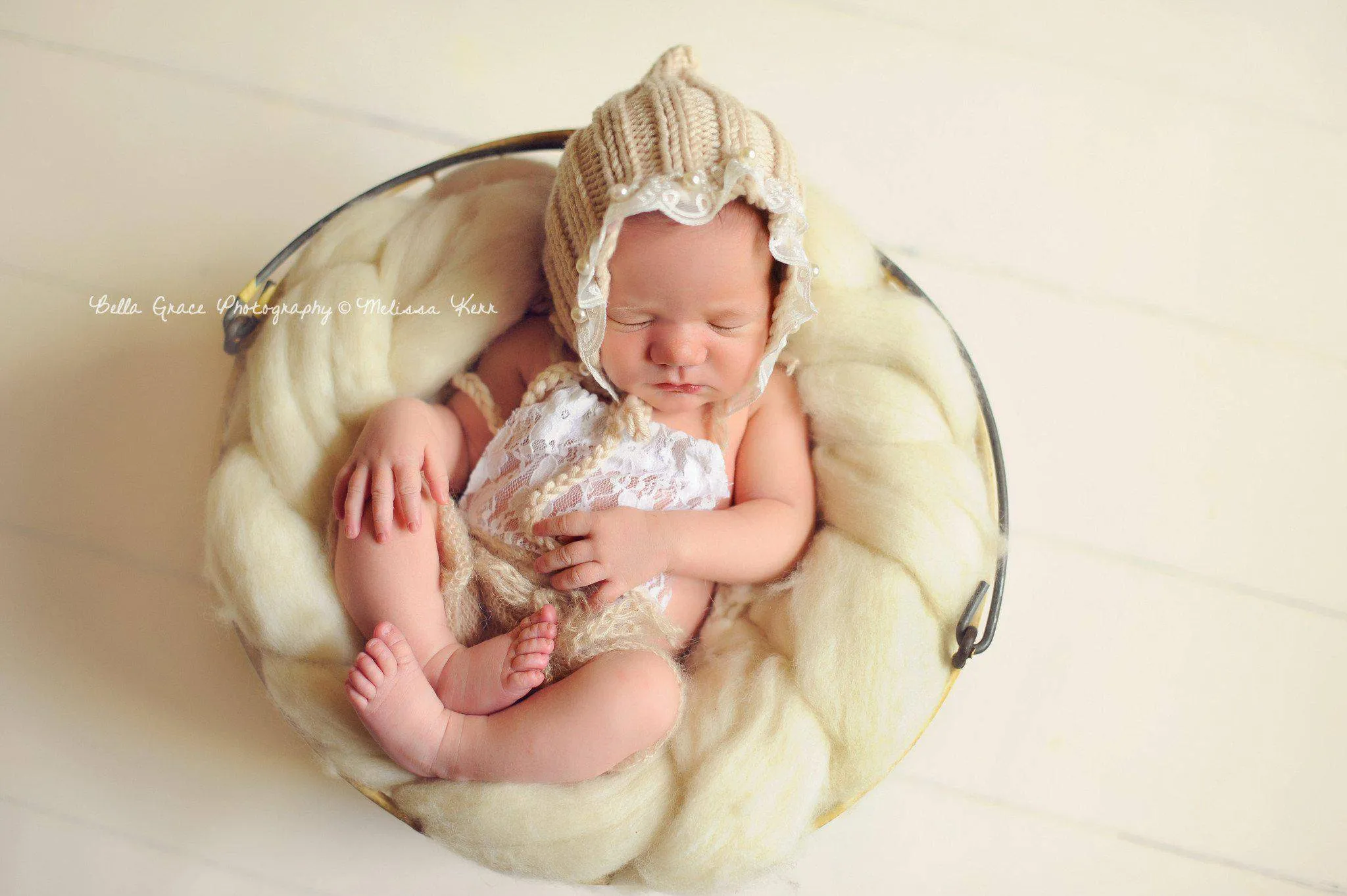 Beige Lace Pearl Cotton Knit Baby Bonnet