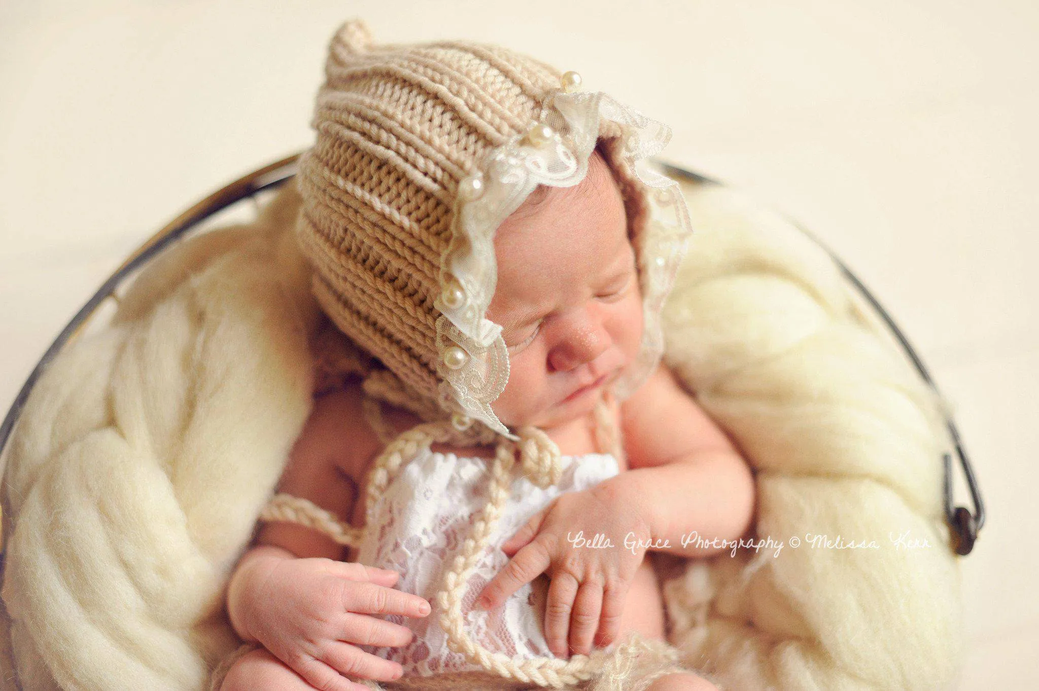 Beige Lace Pearl Cotton Knit Baby Bonnet