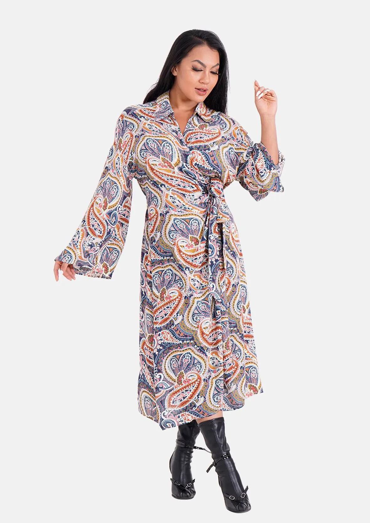 Bell Sleeves Midi Wrap Dress